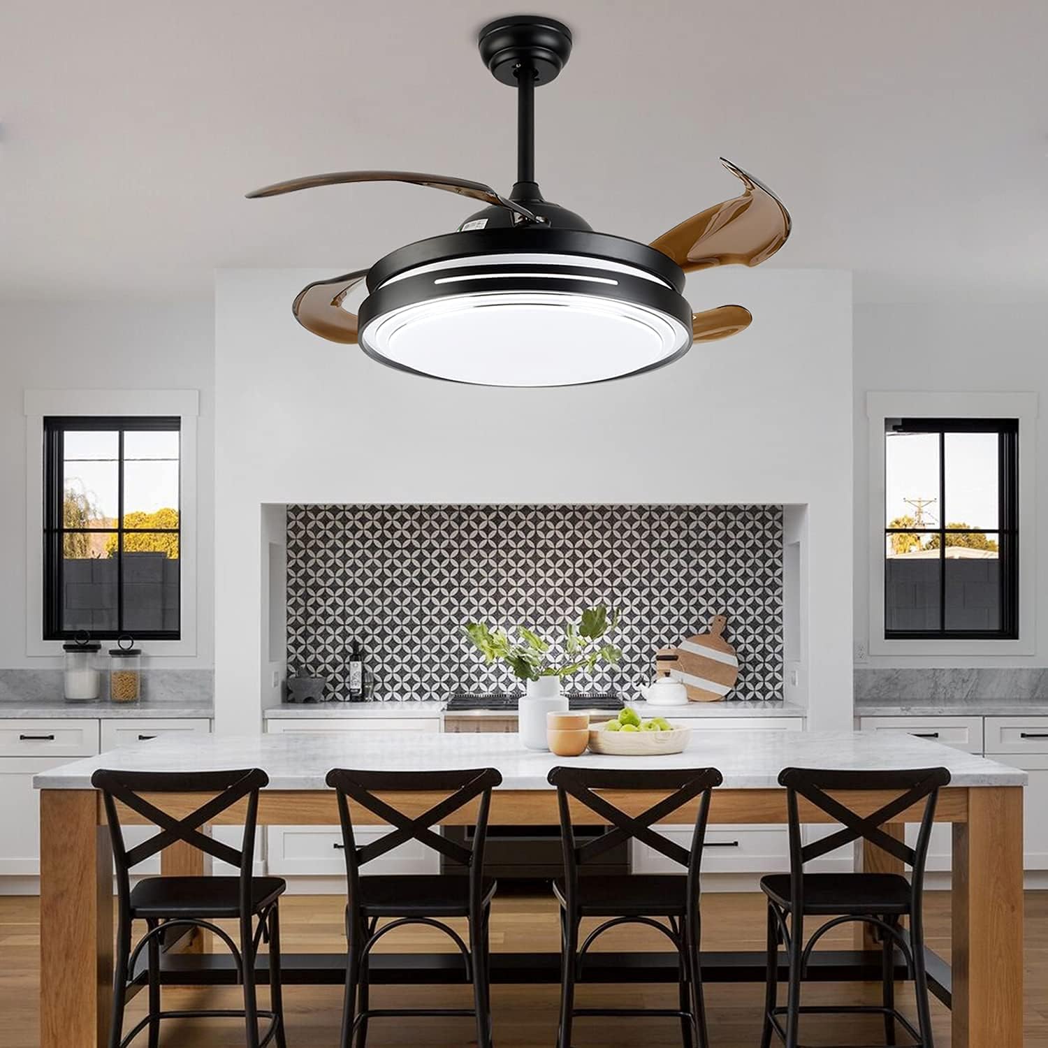 OBCGT Ceiling Fan with LED Light and Remote Control Kit Retractable Blade rustic Ceiling Fan Chandelier 42 Inches Black for Garage Bathroom Kitchen Bedroom Living Room&hellip;