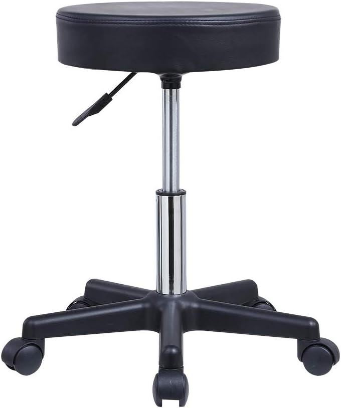 KKTONER Round Rolling Stool PU Leather Height Adjustable Swivel Drafting Work SPA Salon Stools Chair with Wheels Black