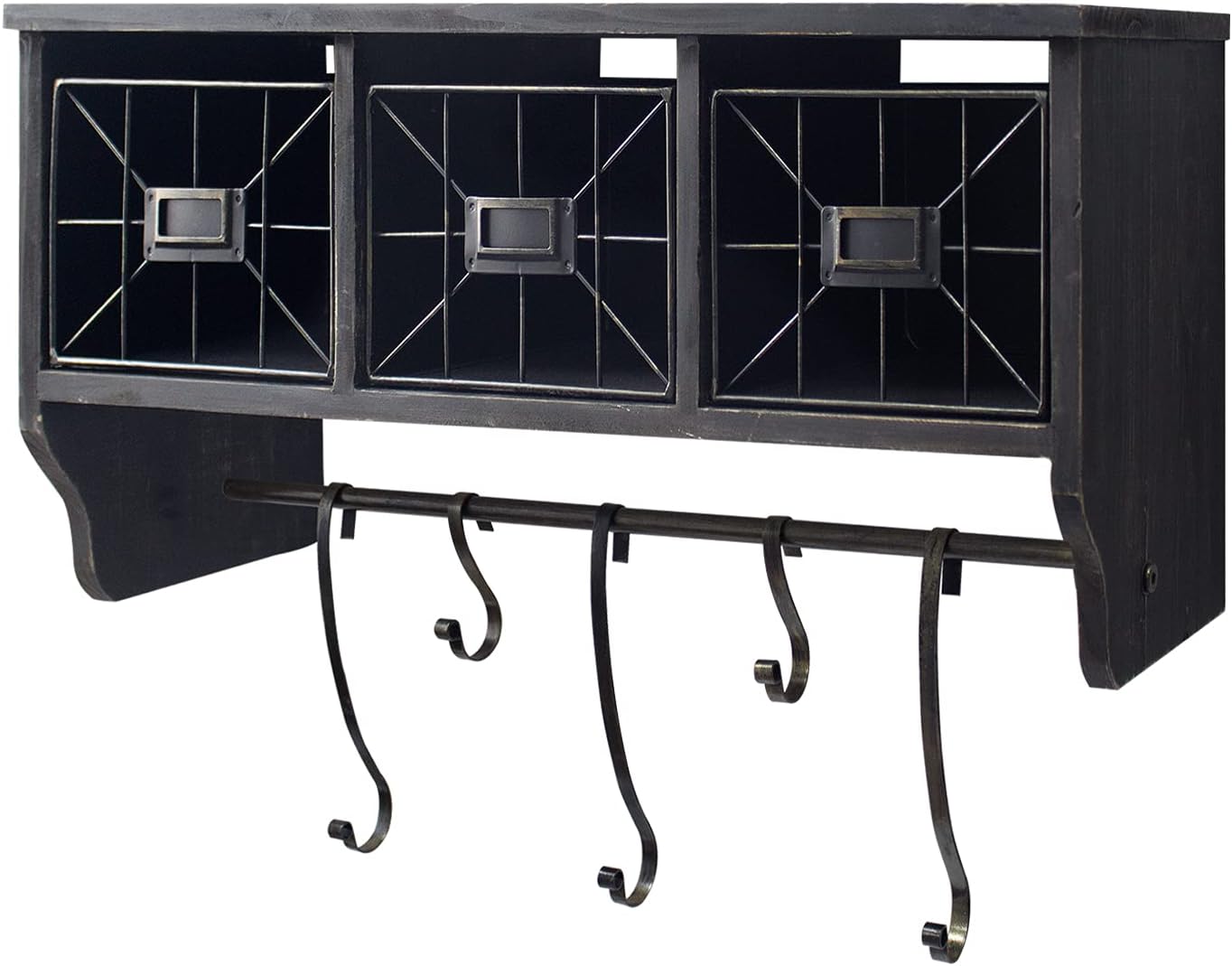 LAKUKU Coffee Bar Shelf with Baskets and Hooks, Wall Mounted Storage Hanging Coat Rack Shelf for Entrance, Bathroom, Living Room and Kitchen Pack of 2