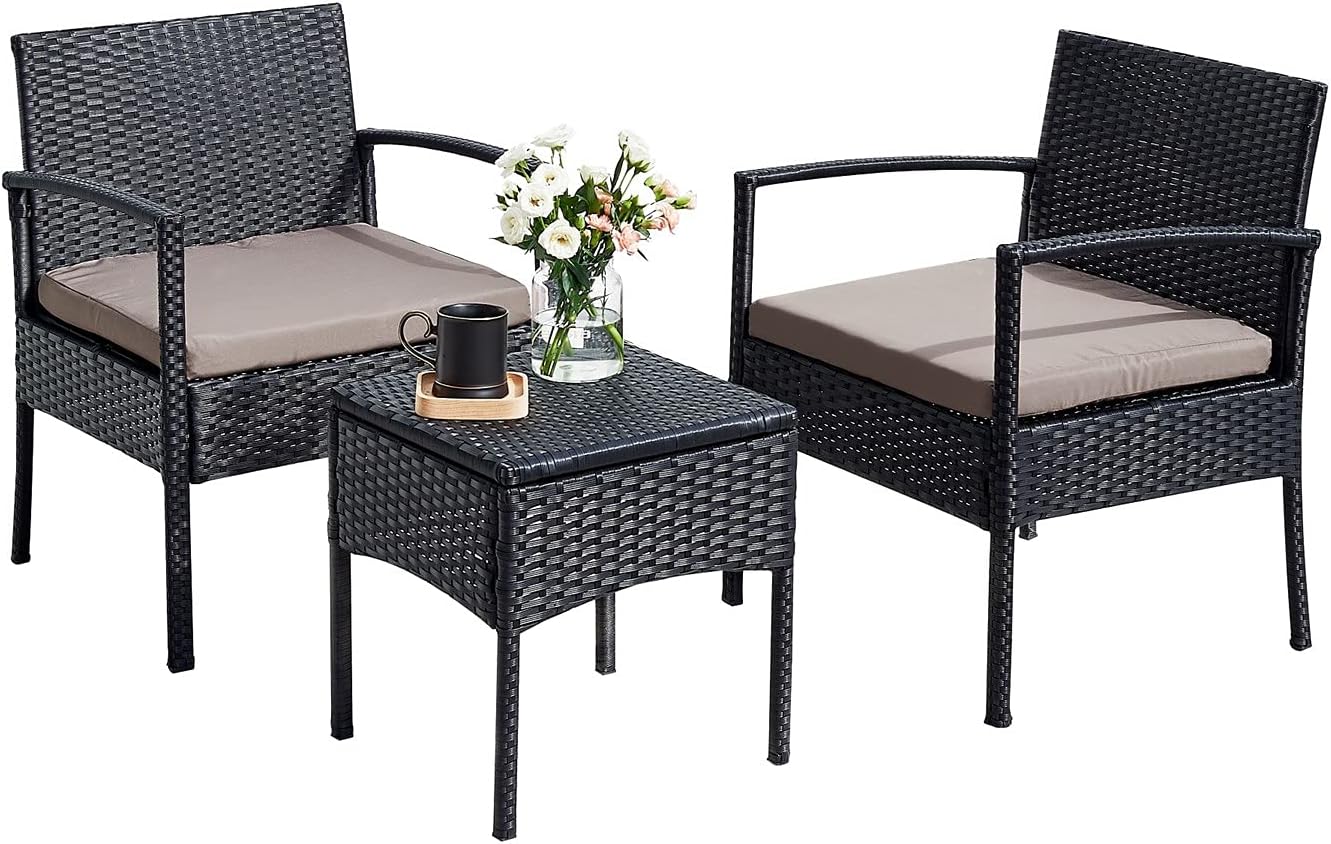 PCAFRS 3 PCS Patio Rattan Chair Set 3 Piece Patio Bistro Set Outdoor Wicker Rattan Furniture Set 1 Conversation Table & 2 pcs Rattan Sofas for Small Balcony Backyard