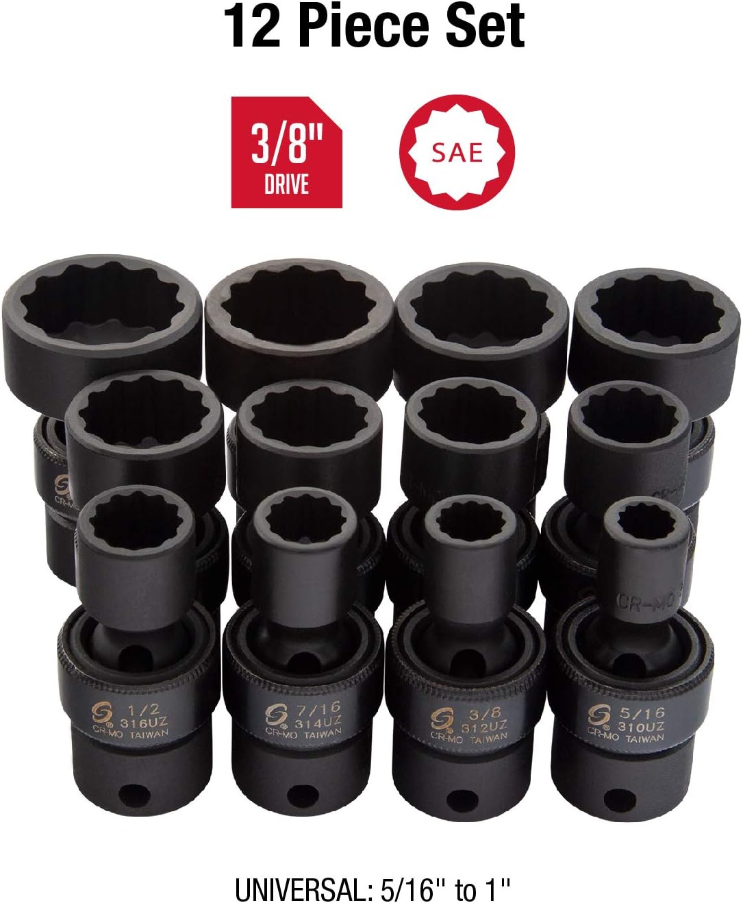 Sunex 3690, 3/8 Inch Drive Universal Impact Socket Set, 12-Point, 12-Piece, SAE, 5/16