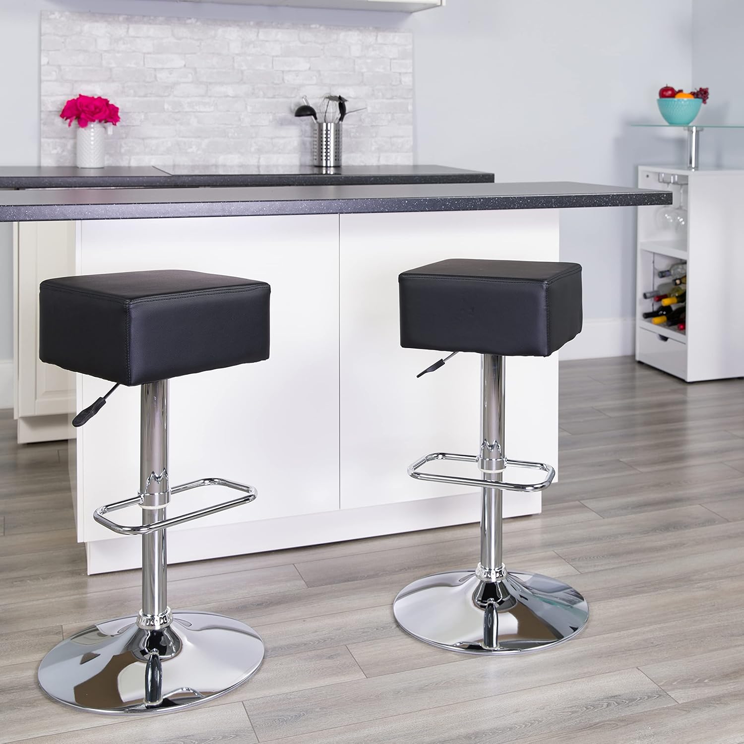 EMMA + OLIVER Gray Vinyl Adjustable Height Barstool with Square Seat Pack of 2