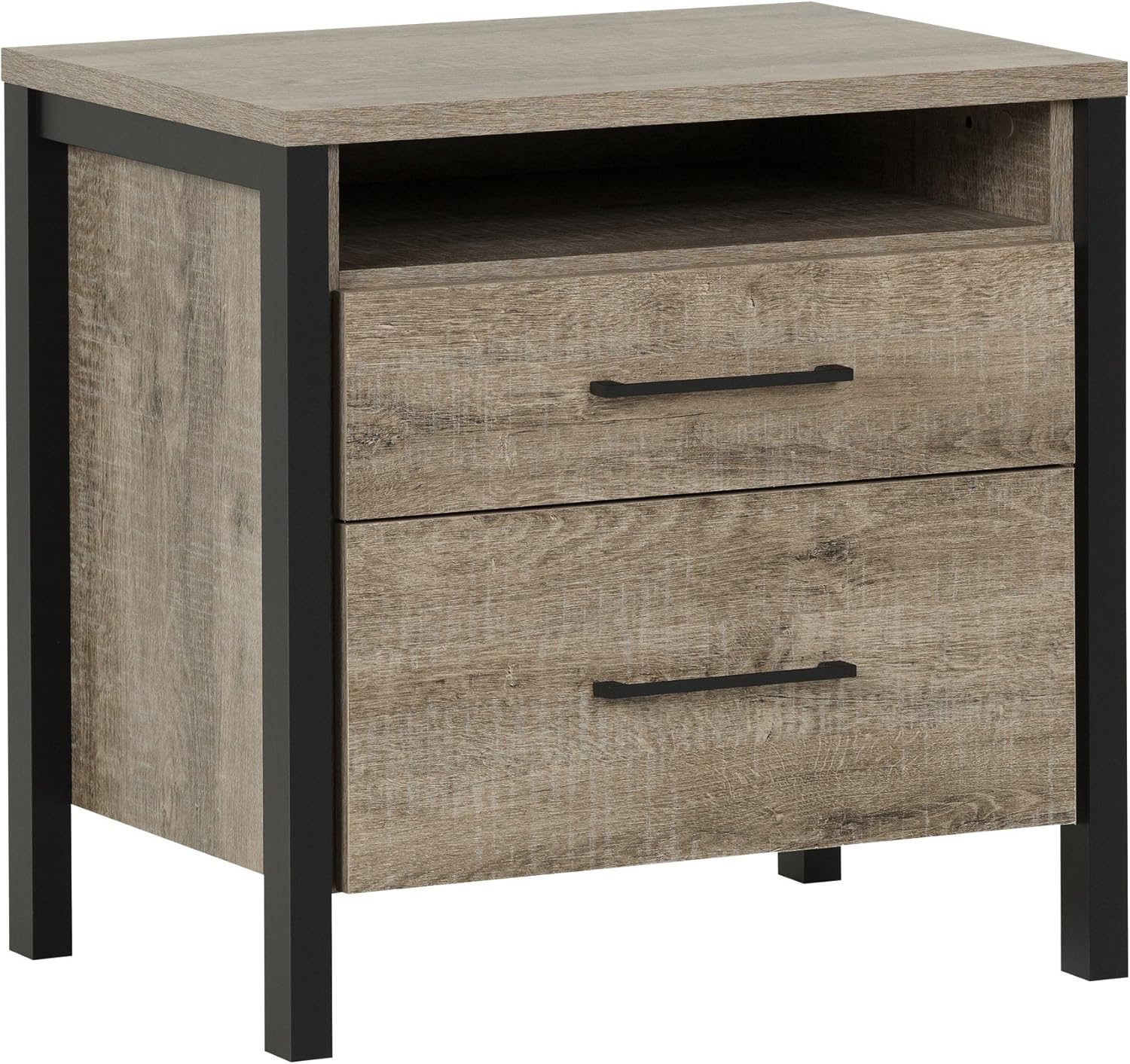 South Shore Munich 2-Drawer Nightstand, Weathered Oak and Matte Black with Metal Handles