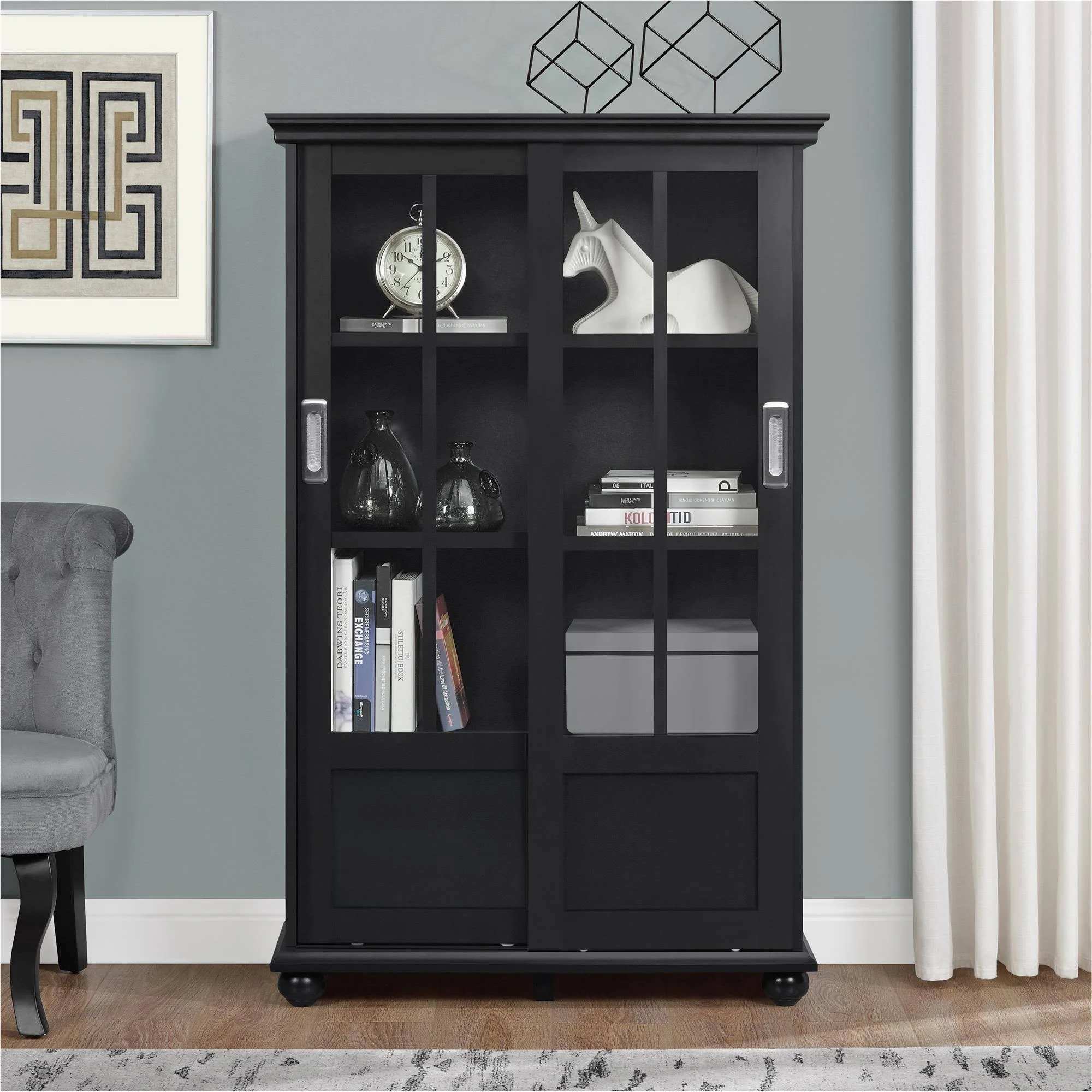 Ameriwood Home Aaron Lane Bookcase with Sliding Glass Doors - Black