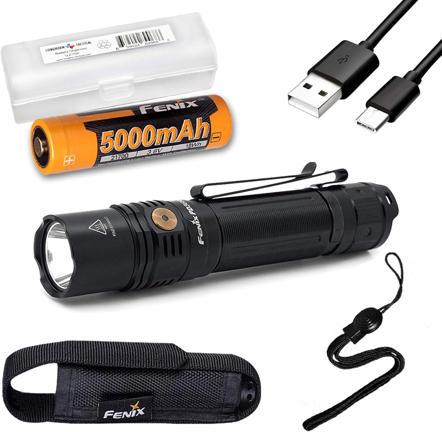 Fenix PD36R 1600 Lumen USB-C Rechargeable Tactical Flashlight with Fenix Battery and LumenTac Battery Organizer