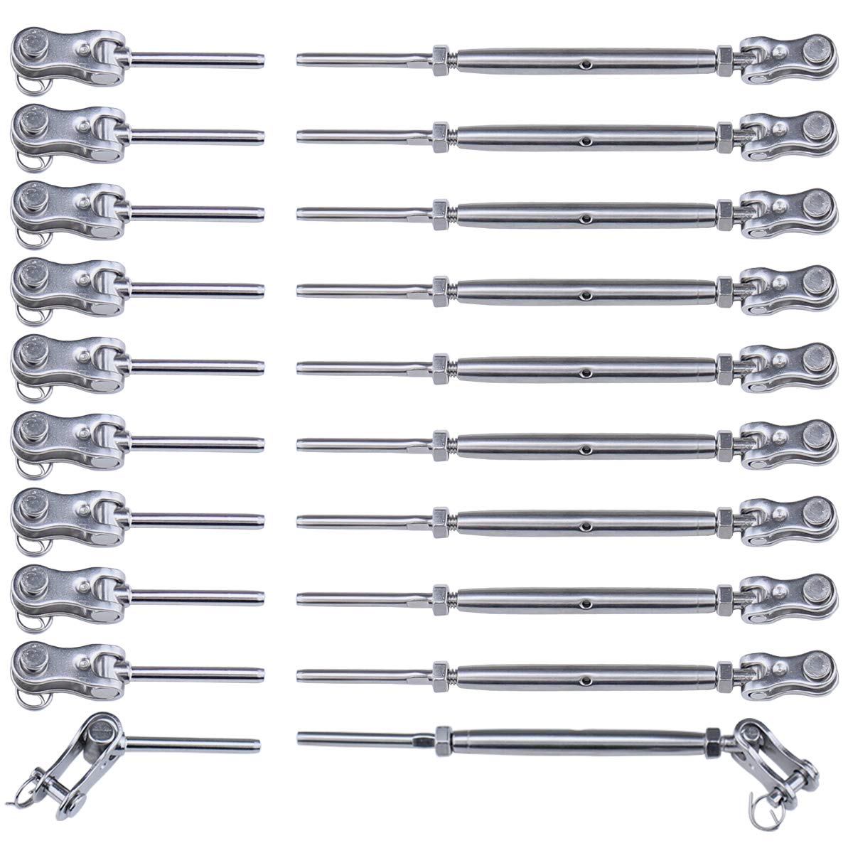 Muzata 10Set 1/8'' Jaw and Jaw Turnbuckle Angle Adjustable for Boat Deck Railing Rigging Hardware T316 Stainless Steel Marine Grade CK22 Pack of 2
