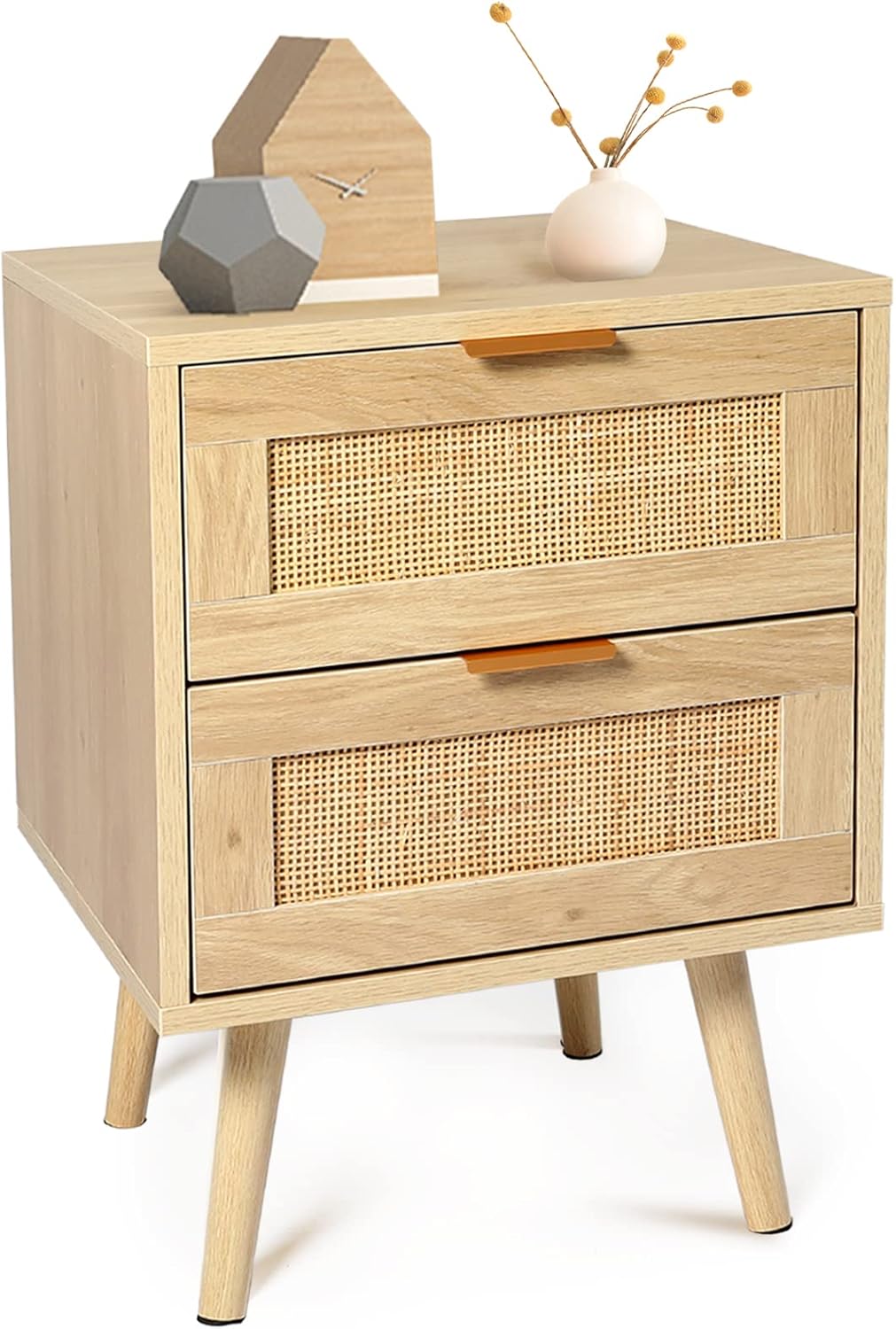 Modern Night Stand, End Table with 2X Rattan Weaving Drawers, Side Table with Wood Legs, Wooden Accent Table with Storage Space, Nightstand for Living Room,Bedroom,Lounge,Foyer,Entryway, 1 Pack