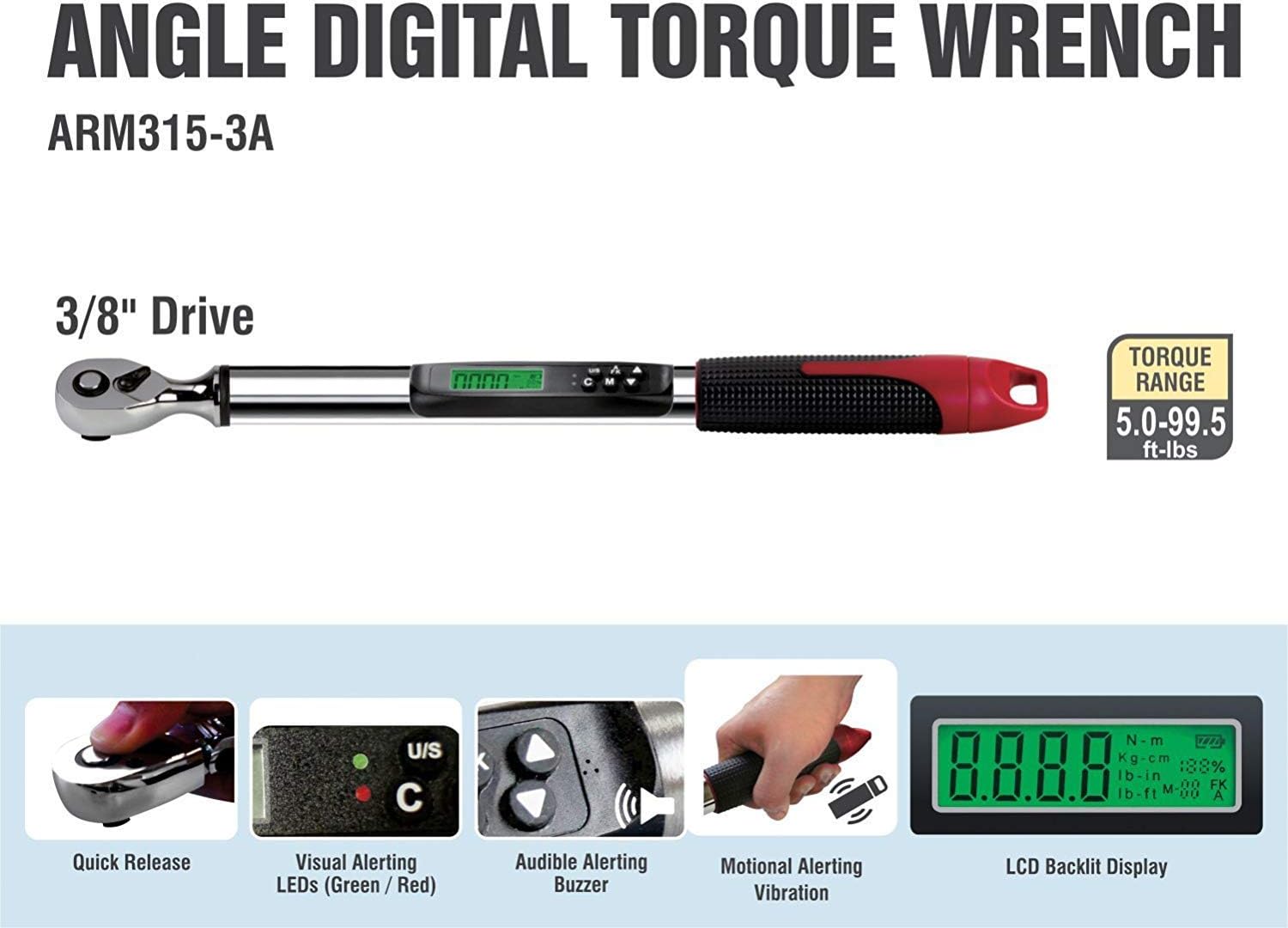 ACDelco Tools ARM315-3A 3/8” (5.0 to 99.5 ft-lbs.) Heavy Duty Angle Digital Torque Wrench with Buzzer and LED Flash Notification – ISO 6789 Standards with Certificate of Calibration