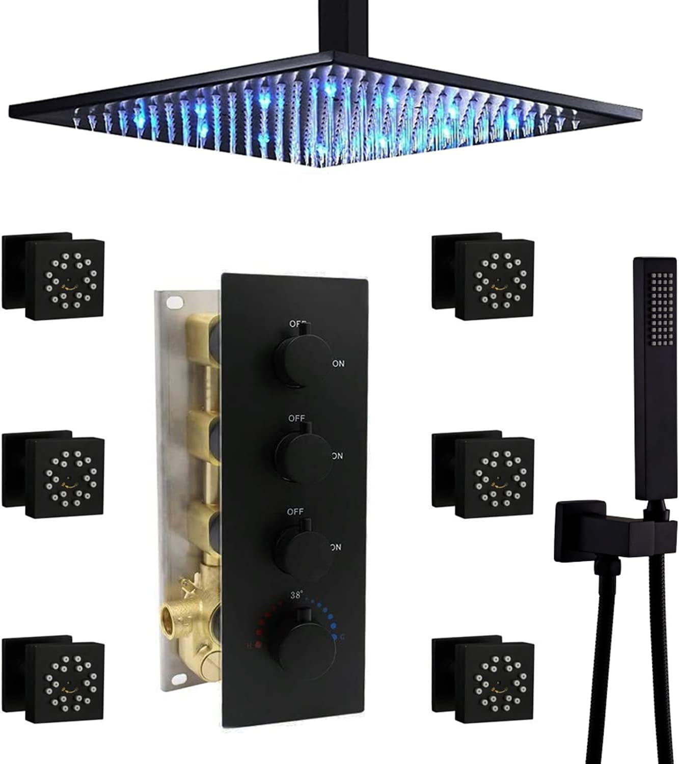 Drettyer 16 Inch Matte Black Thermostatic Shower System With 6 Pcs 2-Function Shower Body Jets Sprays,Ceiling Mount Brass Full Body Shower System,All Shower Functions Can Be Used At The Same Time