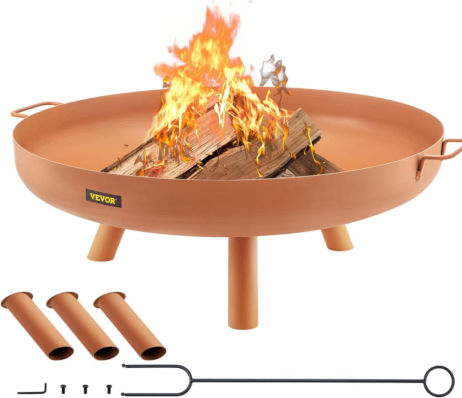 VEVOR Fire Pit Bowl, 30-Inch Deep Round Carbon Steel Fire Bowl, Wood Burning for Outdoor Patios, Backyards & Camping Uses, with A Drain Hole, Portable Handles and A Firewood Stick, Brown