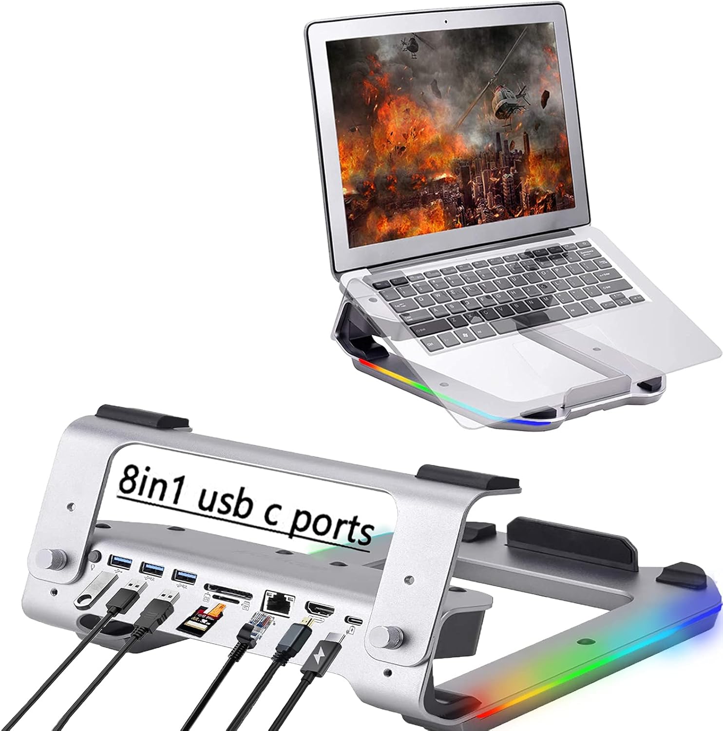 Adjustable-Laptop-Stand-Hauyate,Notebook Riser with Hub for Desk,Customizable Chroma RGB Lighting - Ergonomic Design - Anodized Aluminum Construction (Gray) Pack of 2