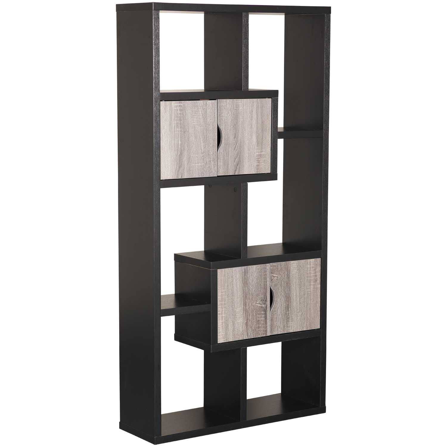 Wooden Bookcase with 4 Doors and 6 Shelves, Black and Distressed Gray