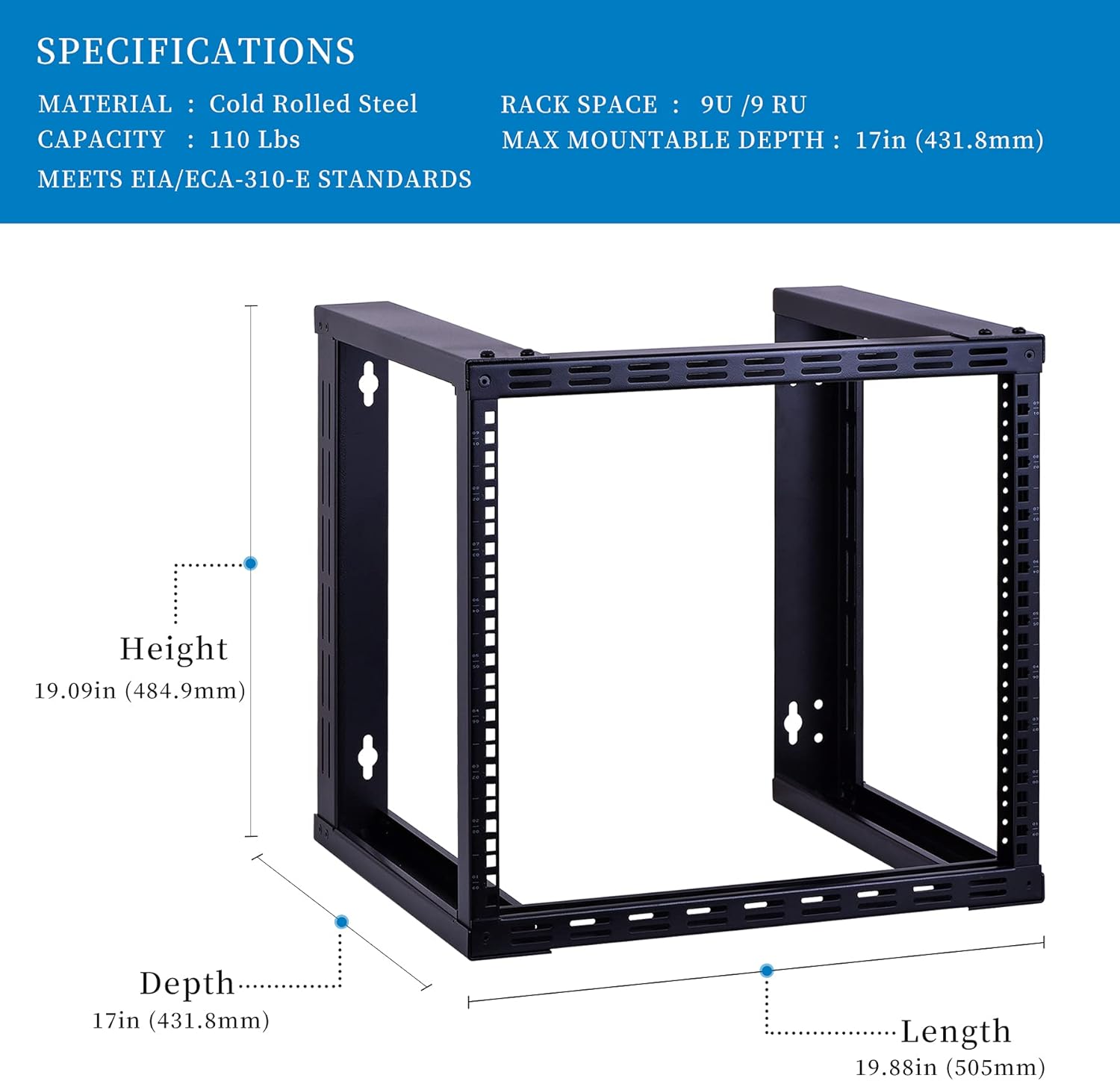 RackPath 9U Wall Mount Rack Open Frame 19in Server Equipment Rack Heavy Duty - 17in Depth