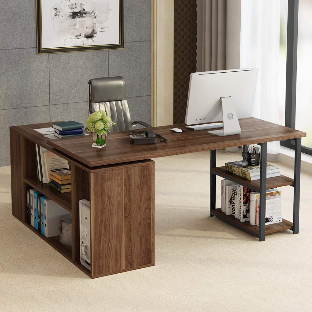 L-Shaped Computer Desk, Tribesigns Rotating Corner Computer Desk with Bookcase and File Cabinet, Reversible L Shaped Office Desk for Home Office (Black)