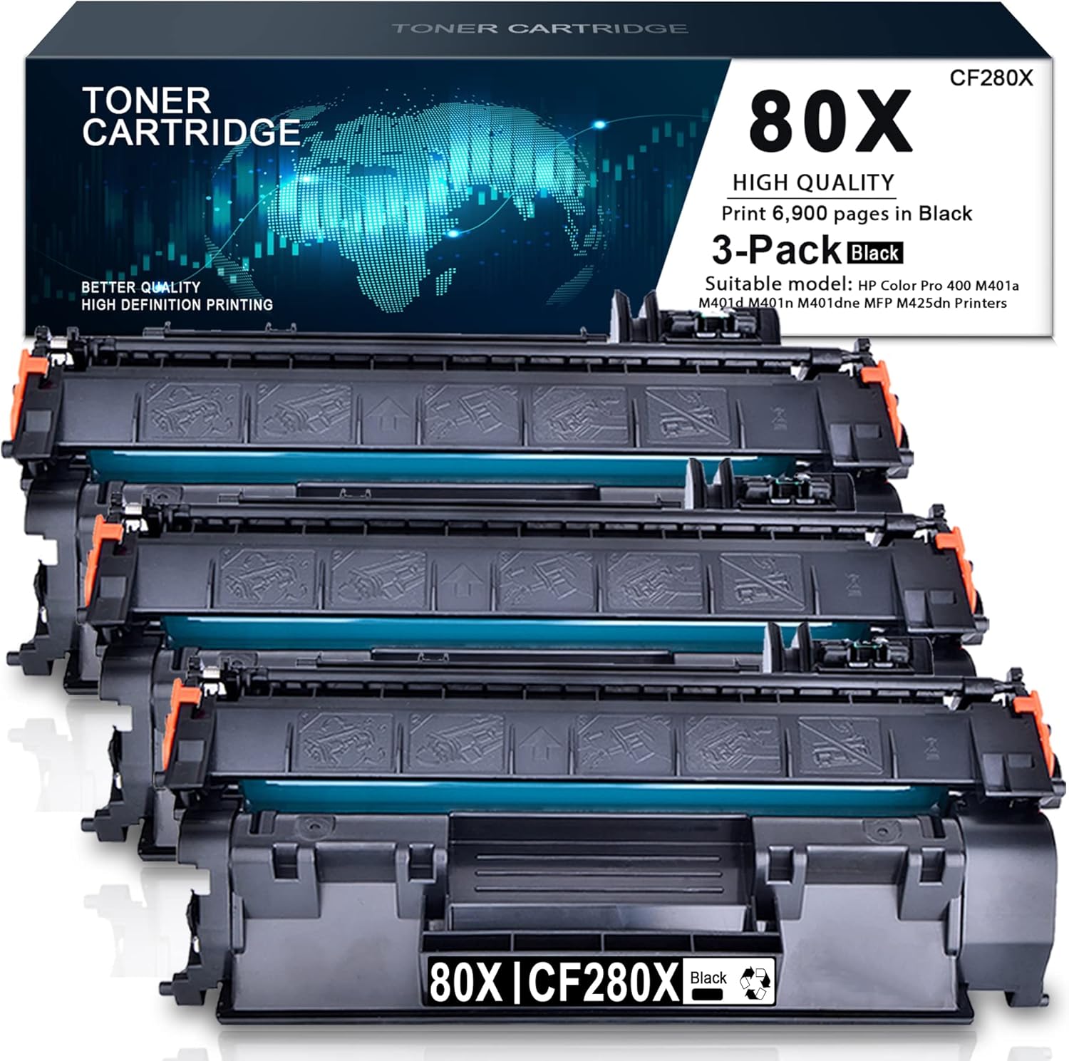 Sulfuink Compatible Toner Cartridge 80X | CF280X Replacement for HP Color Pro 400 M401a M401d M401n M401dne MFP M425dn Printers Toner (3 Pack,Black)