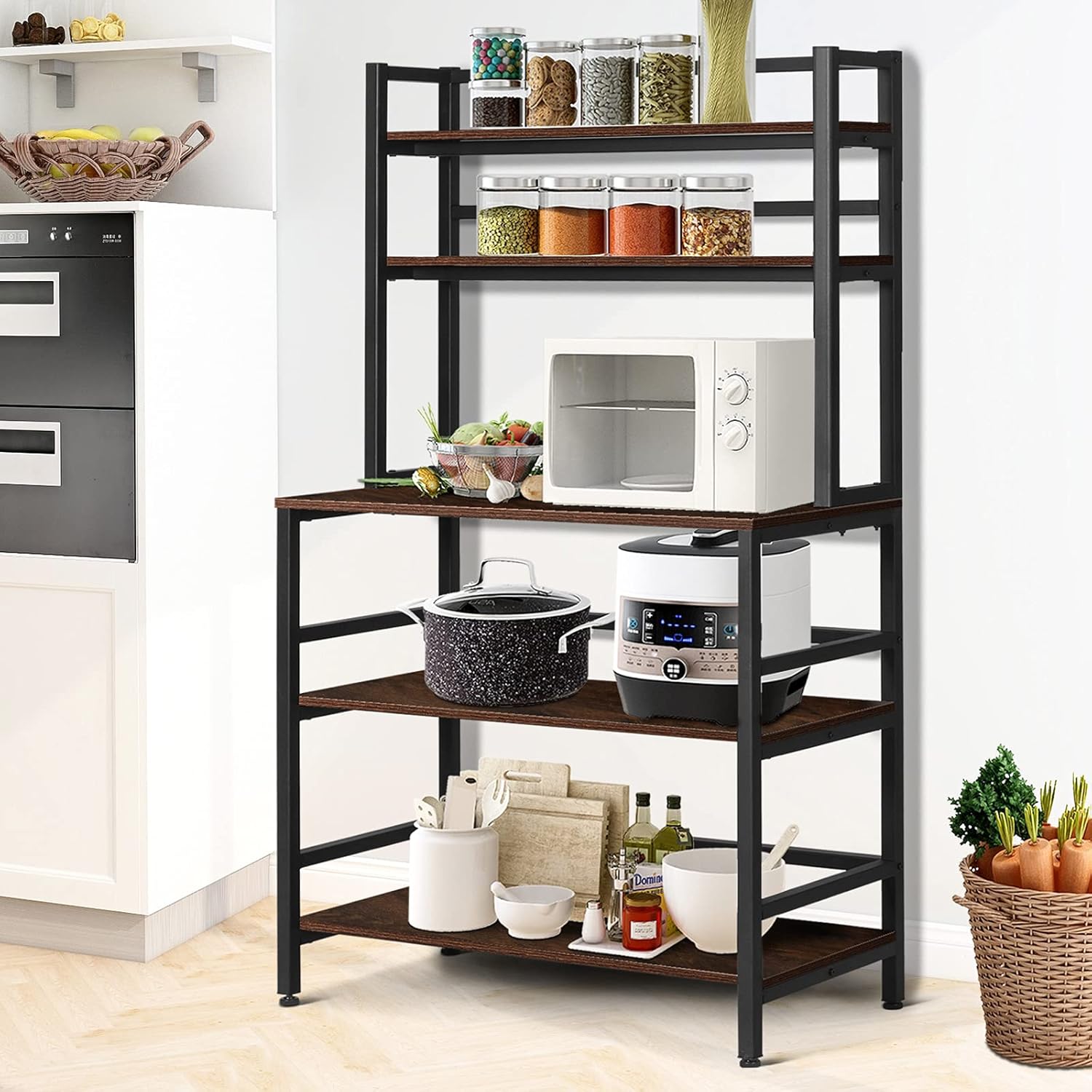 Hrooarem 5-Tier Standing Bakers Rack, Kitchen Stand with Shelves, Microwave Oven Stand with Hutch, Industrial Kitchen Cart Utility Storage Shelf Organizer for Small Kitchen, Wood (Rustic Brown)