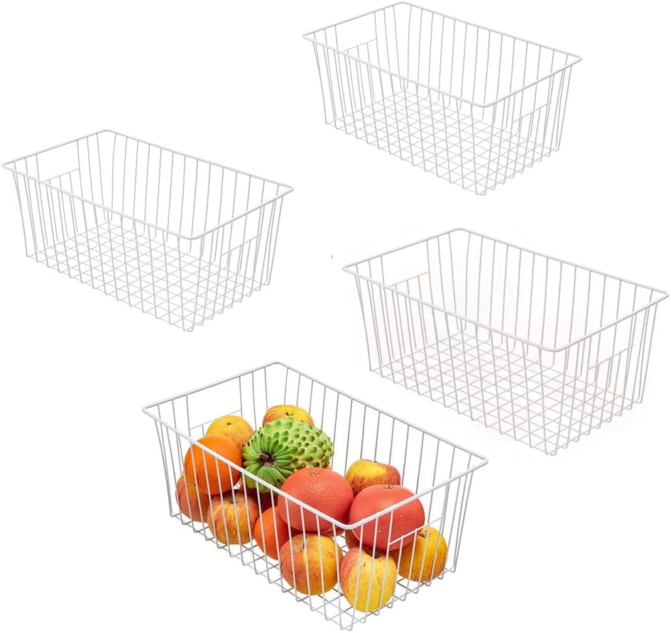 16inch Freezer Organizer Baskets, Household Wire Storage Refrigerator Bins with Built-in Handles for Cabinet, Pantry, Closet, Bedroom (4) Pack of 2
