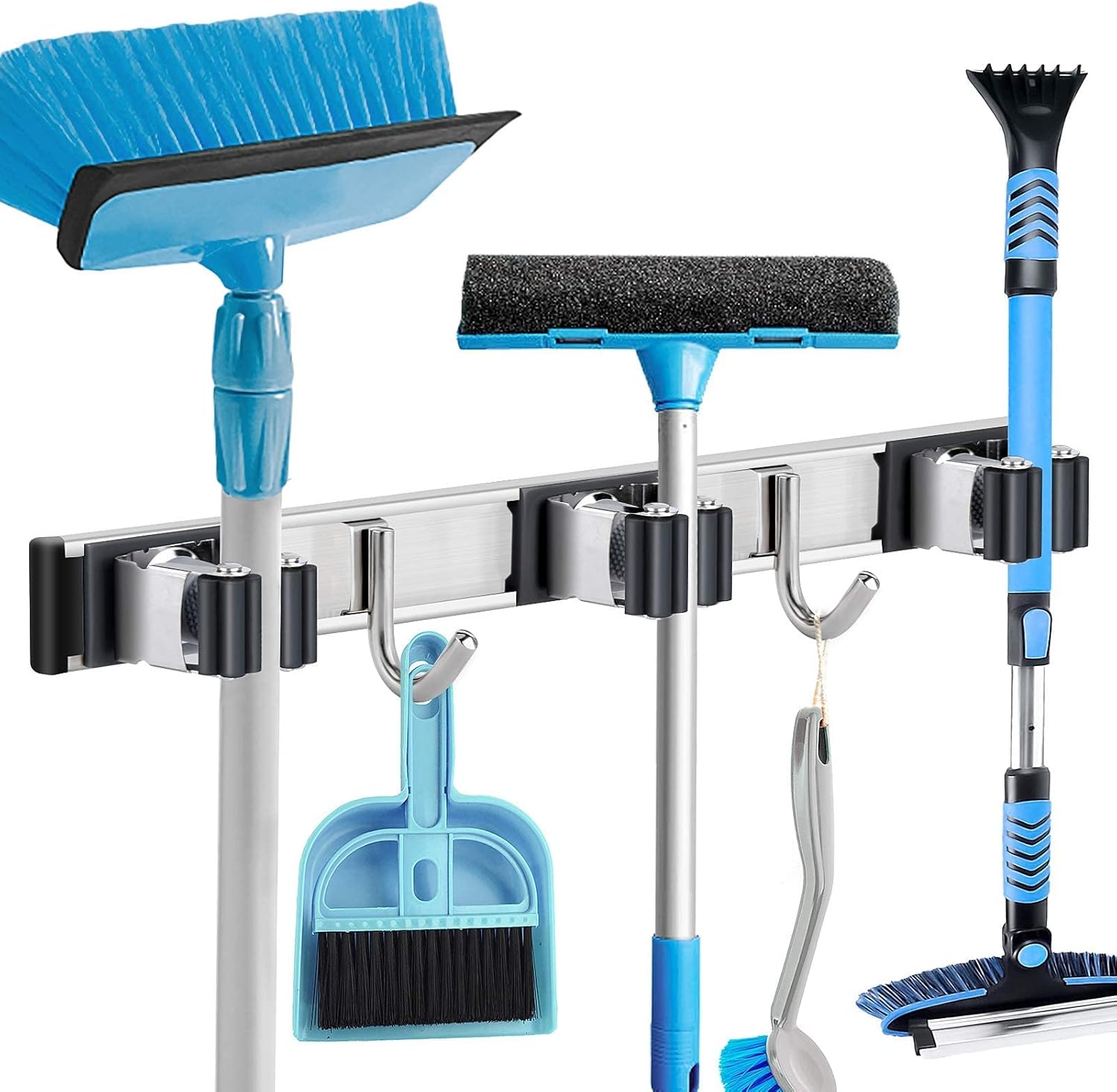 POPRUN Broom Mop Holder Organizer Hanger Wall Mount with Slidable 7 Racks 6 Hooks Stainless Steel Garage Garden Tool Organization Laundry Room Storage, 47.25