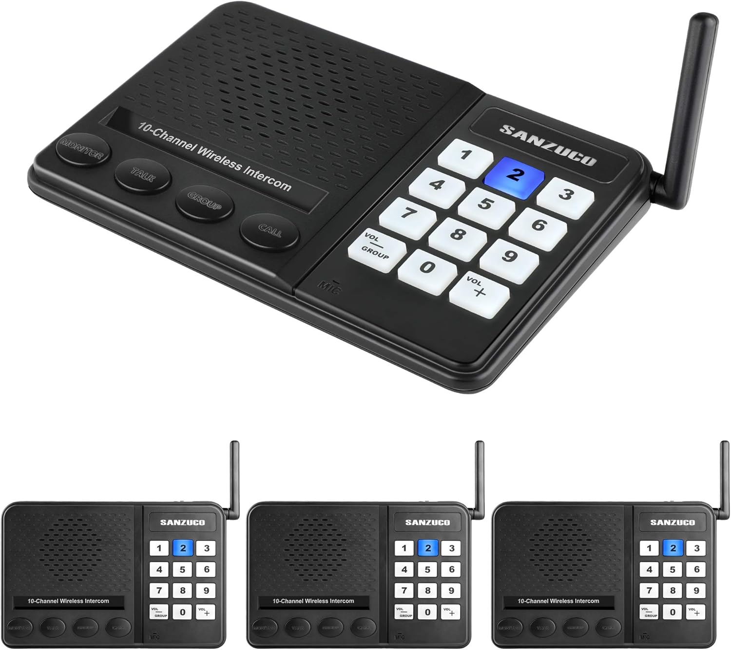 Wireless Intercom System for Home,Sanzuco Wireless Intercom System 1 Mile Range for Office, 10 Channel 3 Private Code Room to Room Intercom (4 Packs)