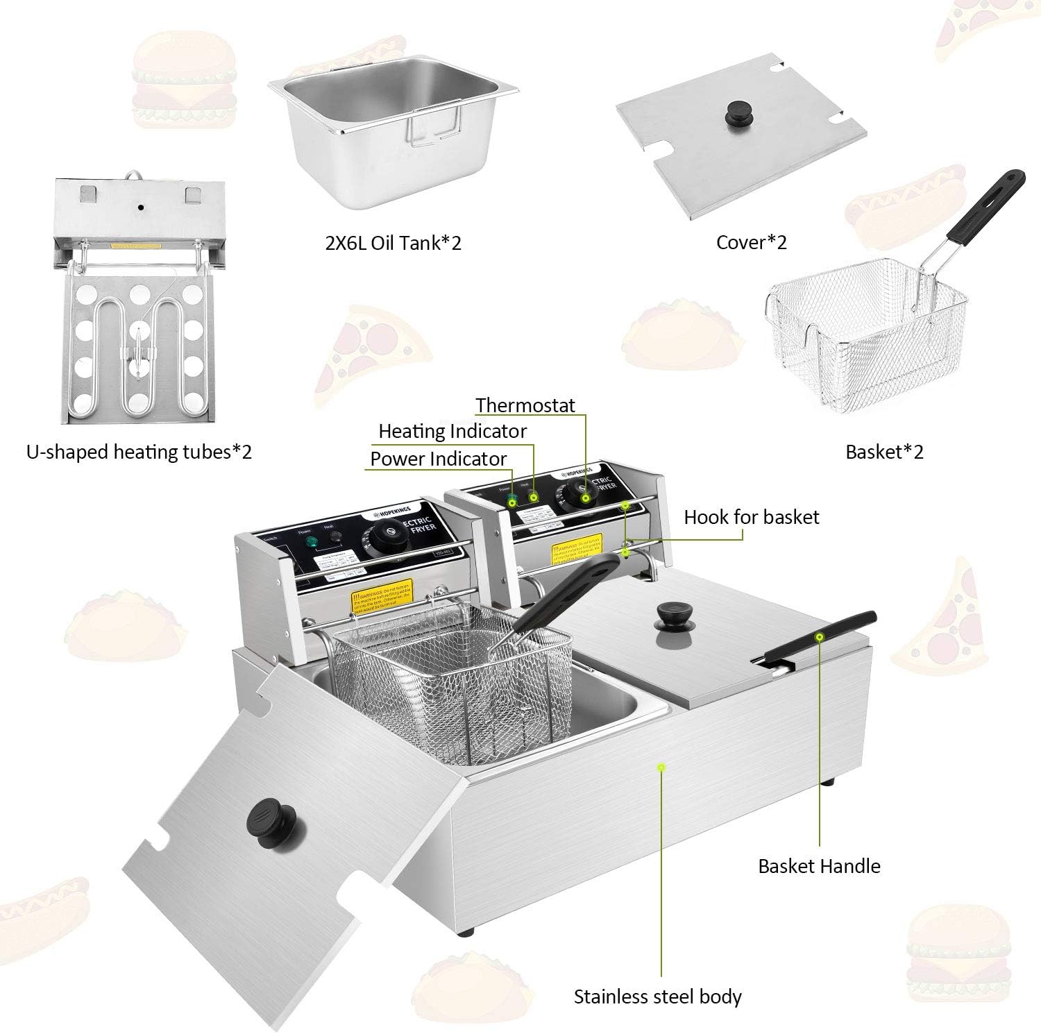 Professional-style Deep Fryer with Dual Baskets, 3600W 2x6L Stainless Steel Electric Commercial Deep Fryers, for Turkey French Fries Home Kitchen Restaurant, Total Capacity 12.7QT/12L (12L)