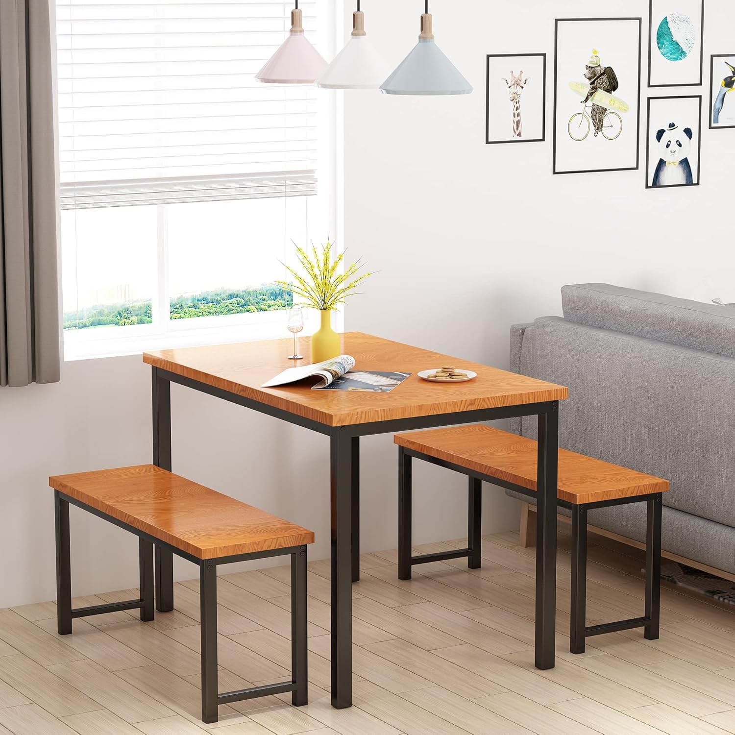 AWQM 3 Piece Pub Dining Set, Modern Round Bar Table with 2 Stools Set, Counter Height Small Kitchen Table Set for 2, Space Saving for Dining, Kitchen, Bistro, Breakfast Nook - Rustic Brown