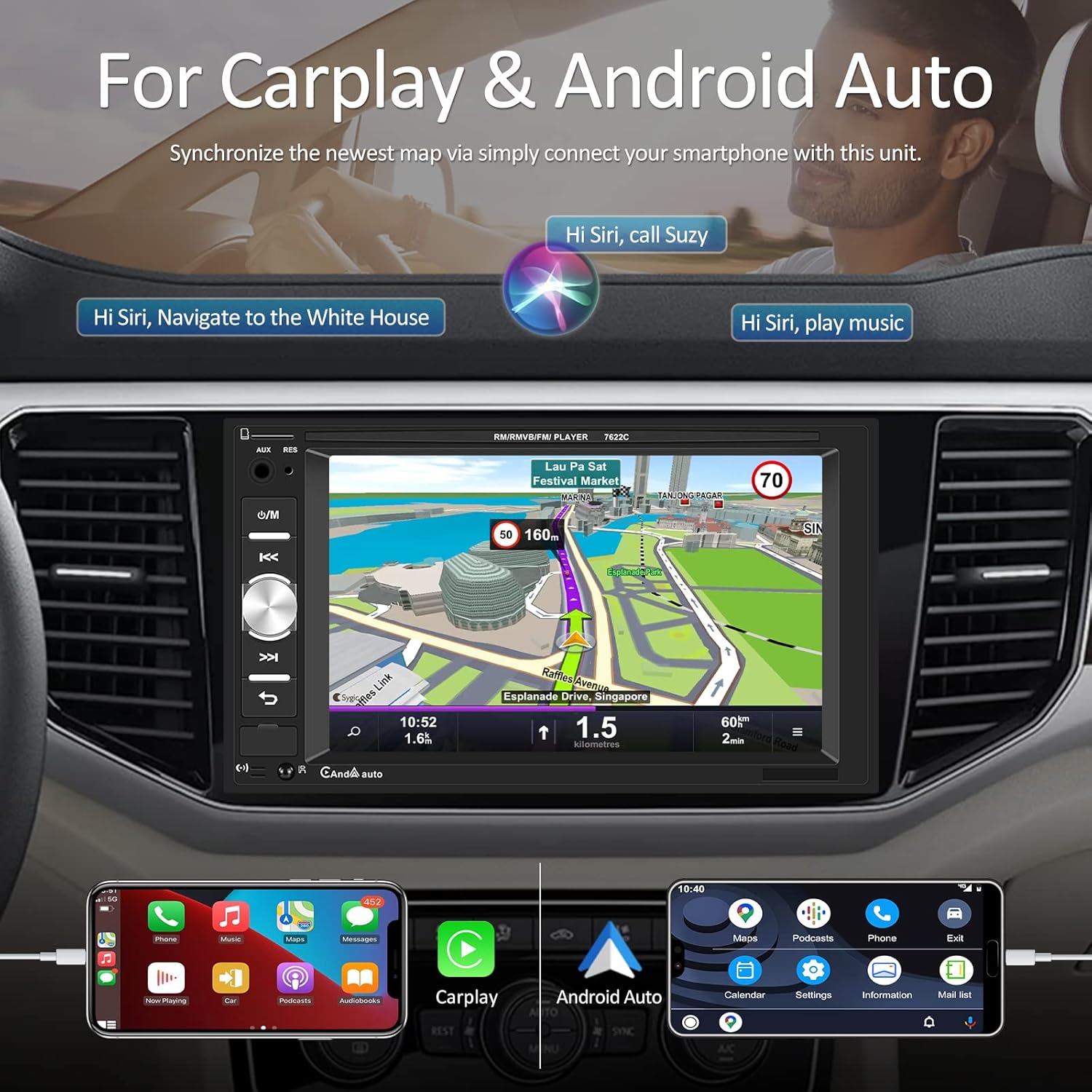 Double Din Car Stereo with Carplay/Android Auto 6.2&ldquo; Touch Screen Car Audio Receivers Bluetooth Car Radio with Mirror Link FM USB SD Aux-in Backup Camera Remote Control Microphone