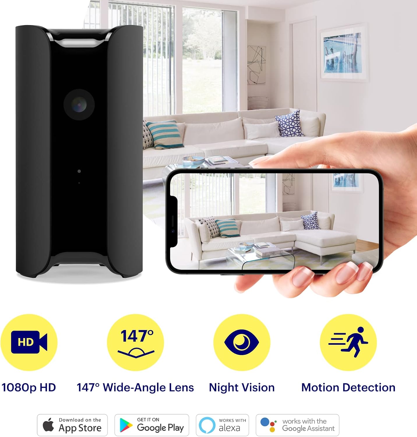 Canary View Indoor Home Security Camera, 1080p HD, 2-Way Talk, Night Vision, Motion Alert, Works with Alexa, Google Assistant, Baby Monitor, WiFi IP, Black (CAN400USGY)