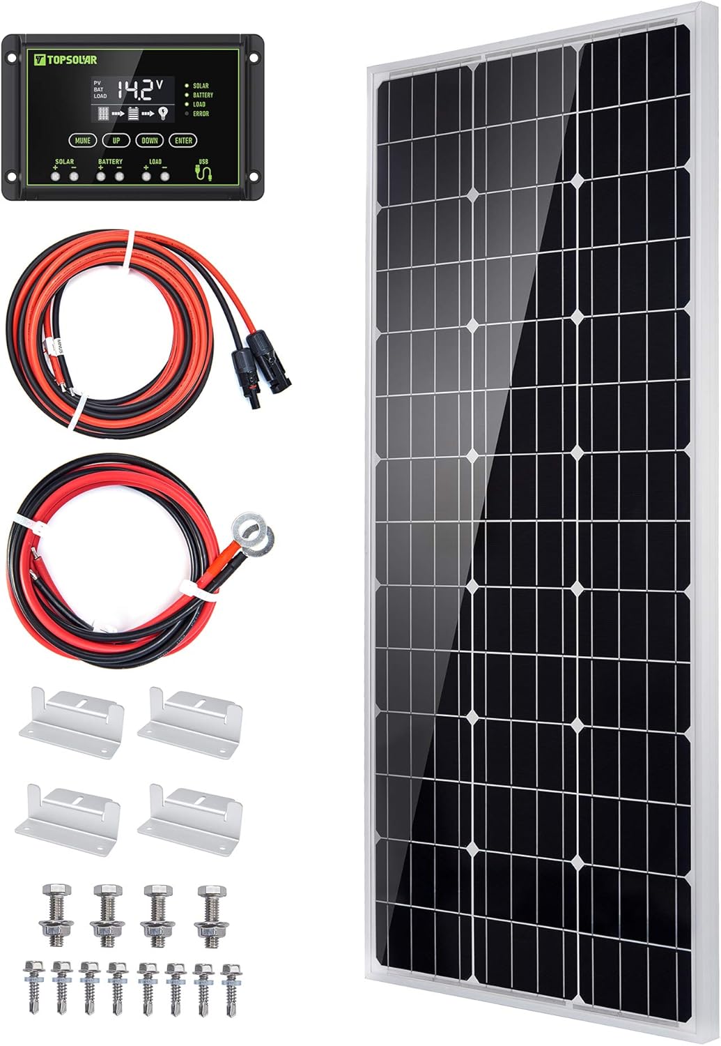 Topsolar Solar Panel Kit 100 Watt 12 Volt Monocrystalline Off Grid System for Homes RV Boat + 20A 12V/24V Solar Charge Controller + Solar Cables + Z-Brackets for Mounting