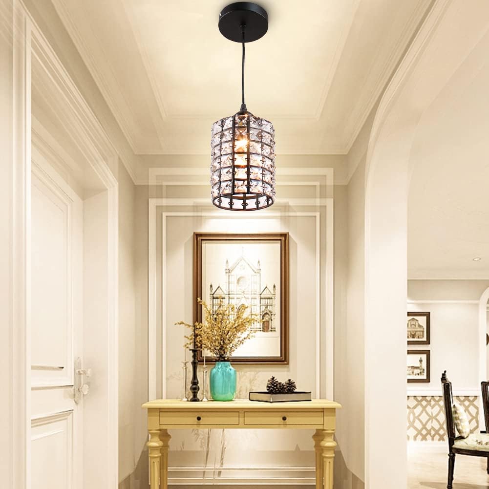 Cainjiazh Modern Chandeliers Crystal Chandelier Mini K9 Crystal Lamp Flush Mount Ceiling Pendant Light for Kitchen Dining Room Bedroom Study Hallway H7.9 X W 4.7inchs Chain Adjustable (Black)