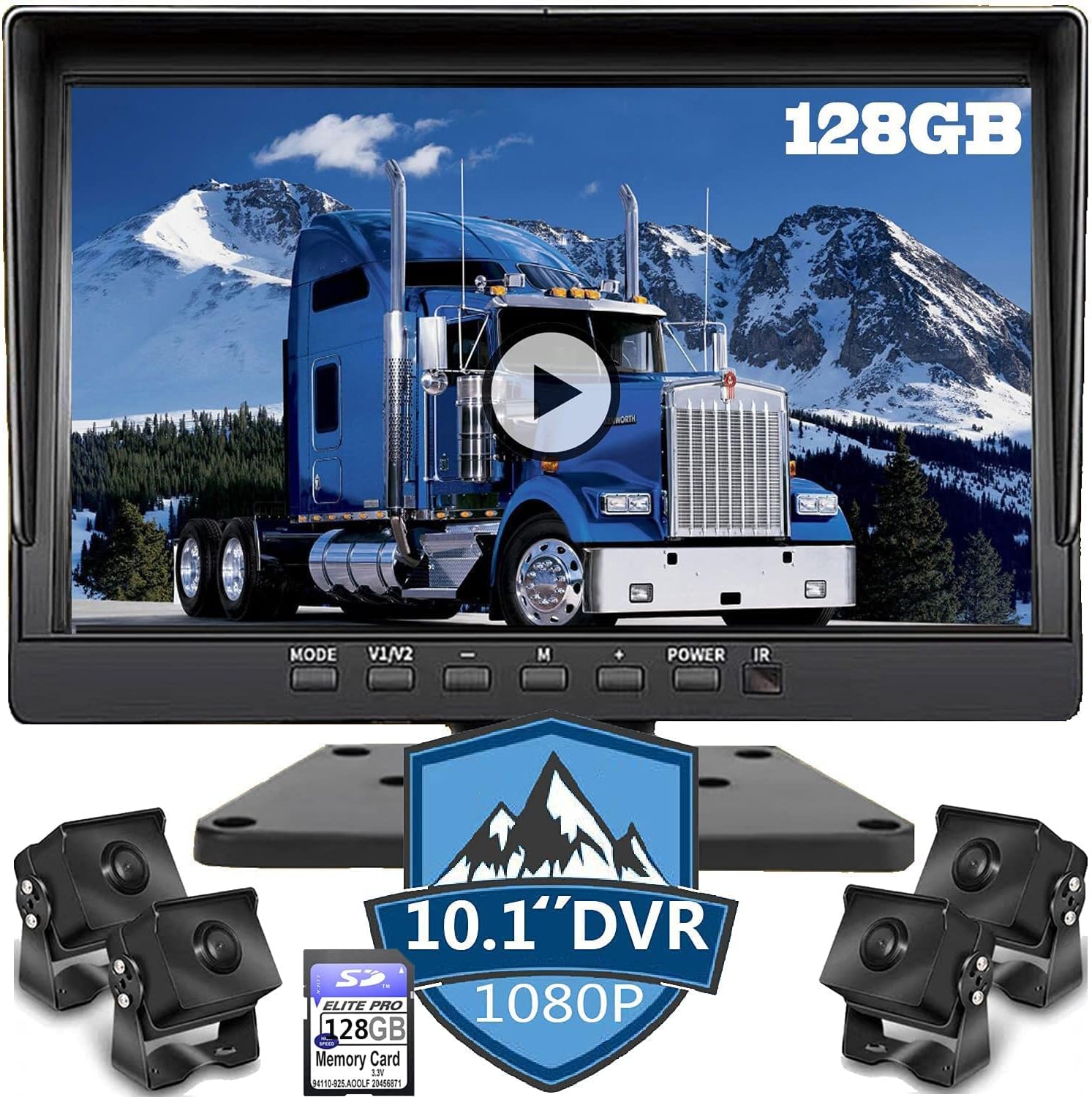 5 Split Large 10.1 inch 1080P Screen Backup Camera Monitor & Built-in 128GB DVR Video Sound Recorder for RV Truck Trailer Rear Side Front Reversing View Wired System Image Waterproof Avoid Blind Spot