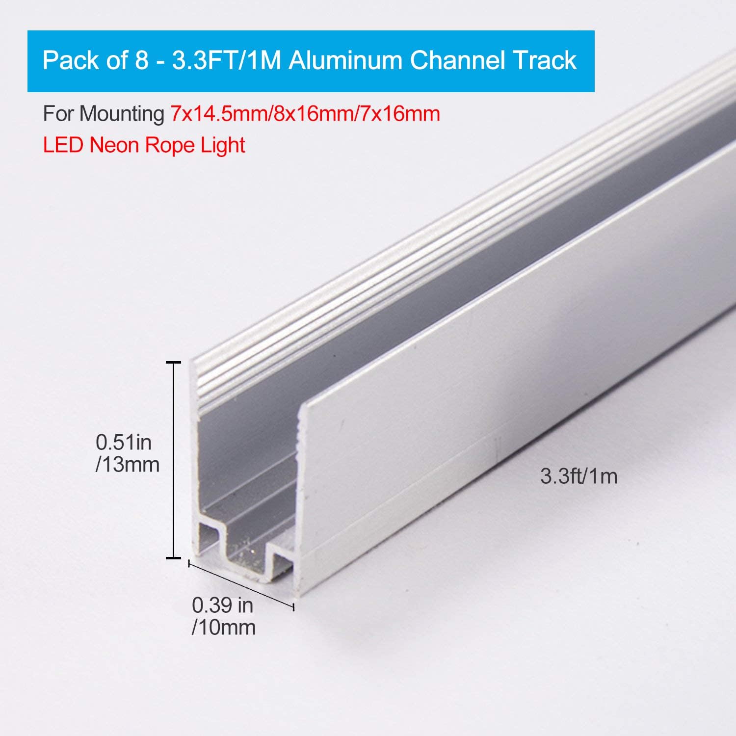 Shine Decor 3.3FT/1M Aluminum Track Channel Mounting Bracket, for 8x16mm and 7x14.5mm LED Mini Neon Rope Lights, Pack of 8
