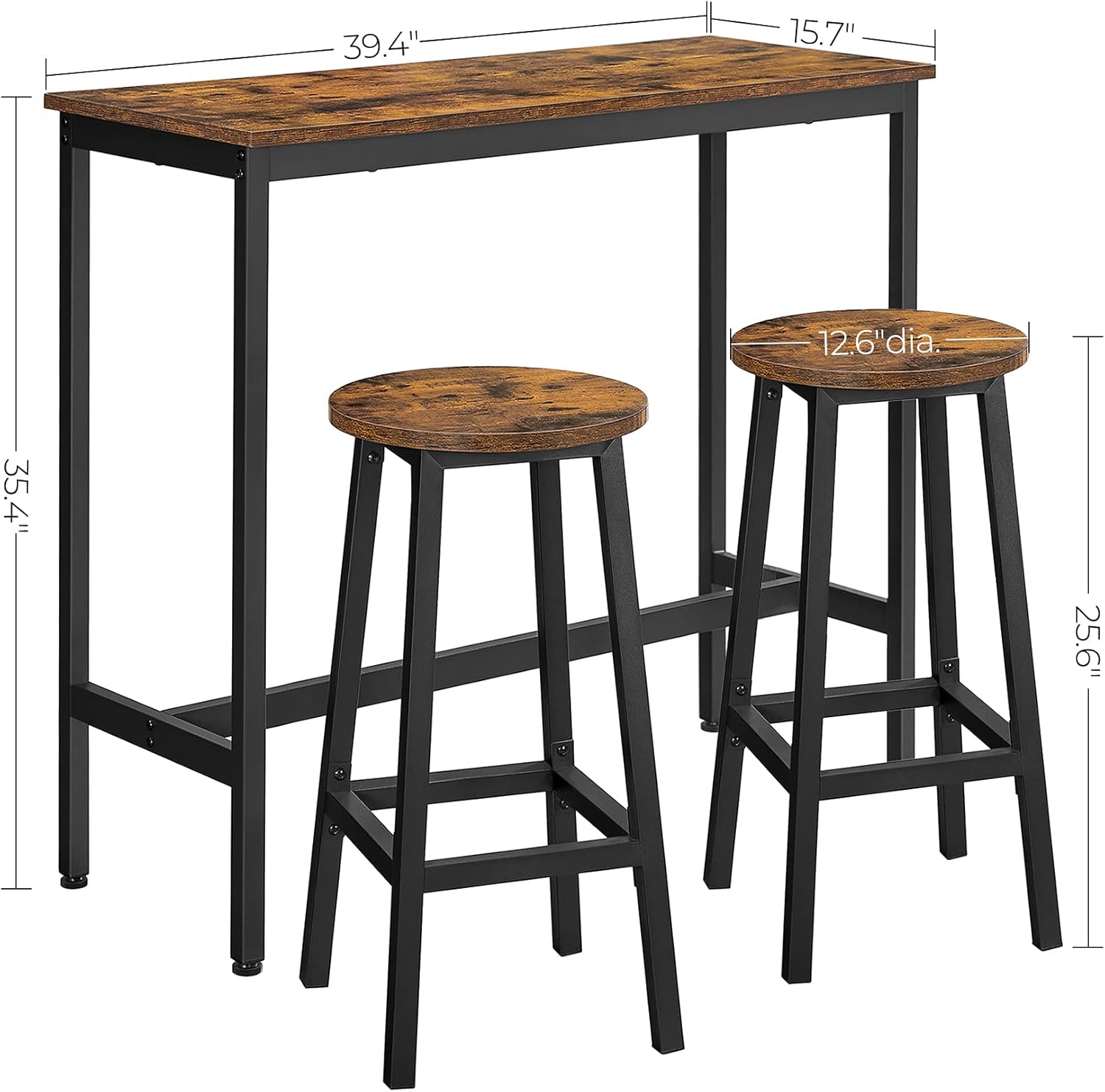 VASAGLE Bar Table and Chairs Set, Kitchen Bar Table with Bar Stools Set of 2, Industrial Steel Frame, Dining Table Set, Rustic Brown and Black ULBT219B01
