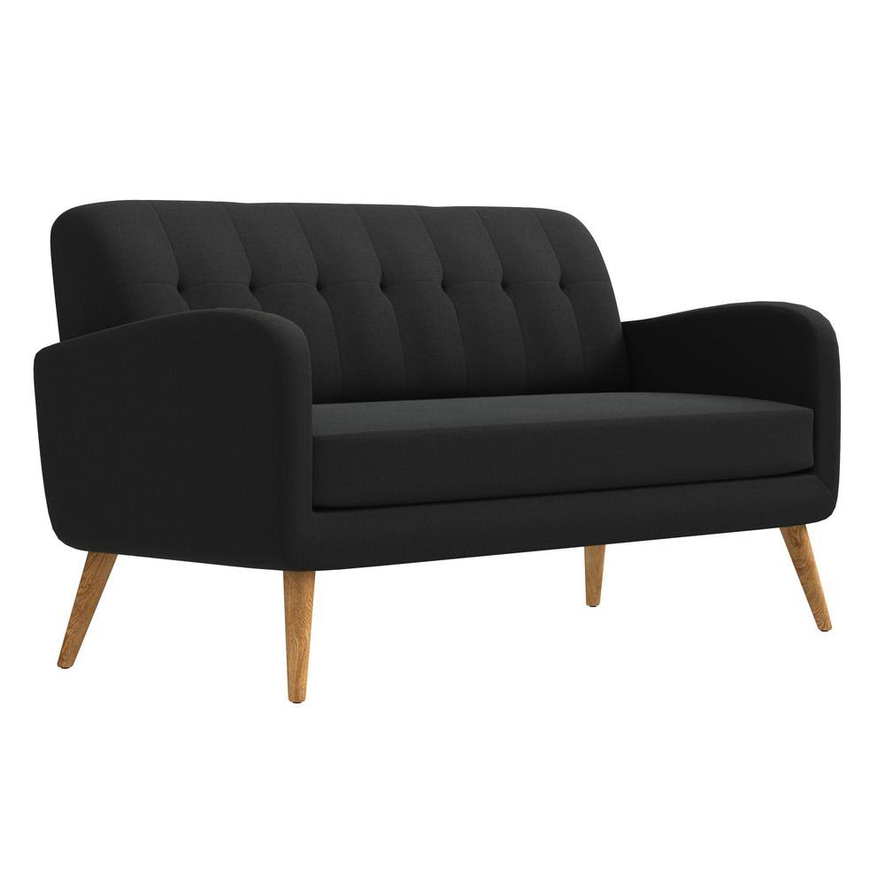 Handy Living Werner 65.5 in. Midnight Black Linen-Like Fabric with Natural Legs 2-Seat Mid Century Modern Sofa