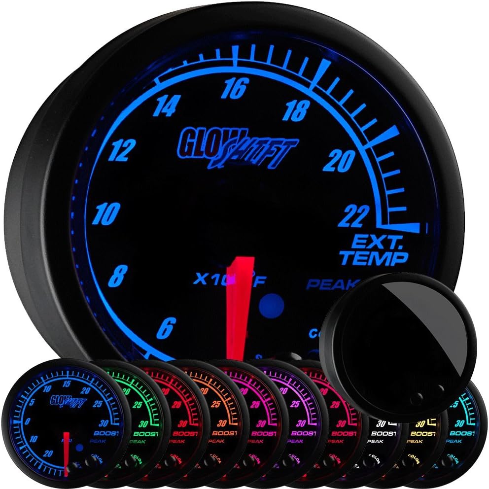 GlowShift Elite 10 Color 2200 F Pyrometer Exhaust Gas Temperature EGT Gauge Kit - Includes Type K Probe - Black Dial - Tinted Lens - Peak Recall Function - for Car & Truck - 2-1/16