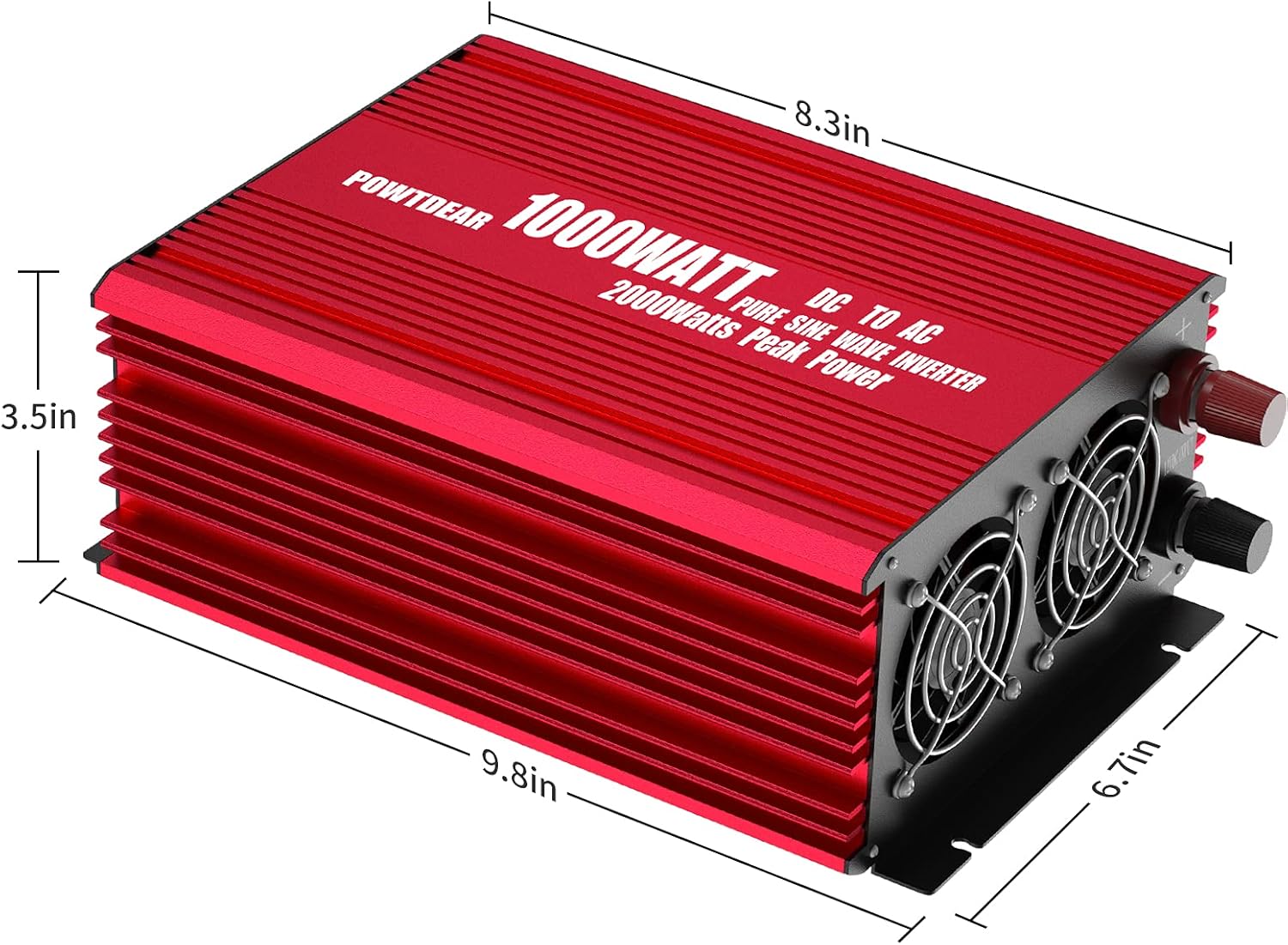 POWTDEAR Pure Sine Wave Power Inverter 1000W, Power Converter 1000 Watt DC 12V to 110V AC Car Inverter with 2.4A USB Ports 3 AC Outlets