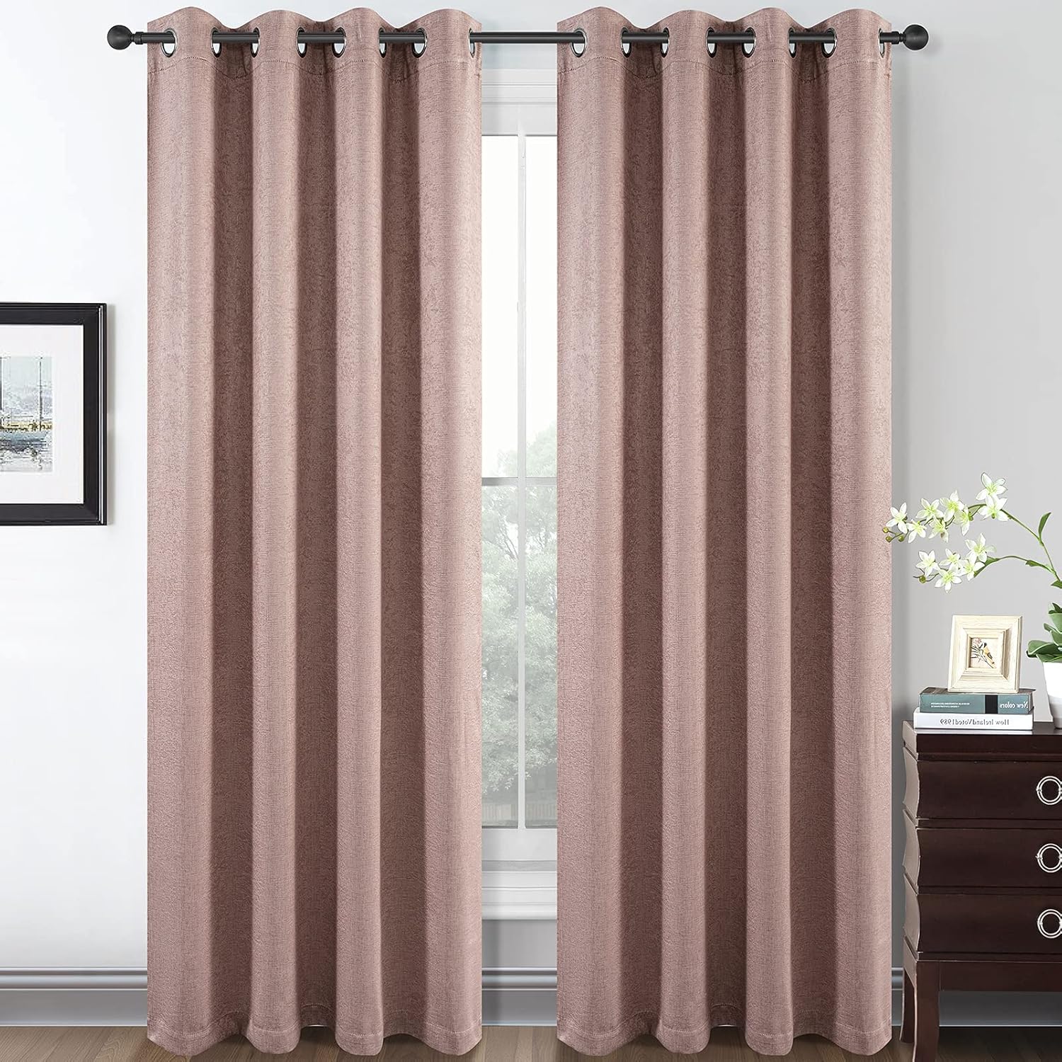 Lucky Rain Embossed Blackout Curtains for Bedroom Textured Grommet Thermal Insulated Curtain Panels for Living Room, 2 Natural Panels of 52x63 Inch