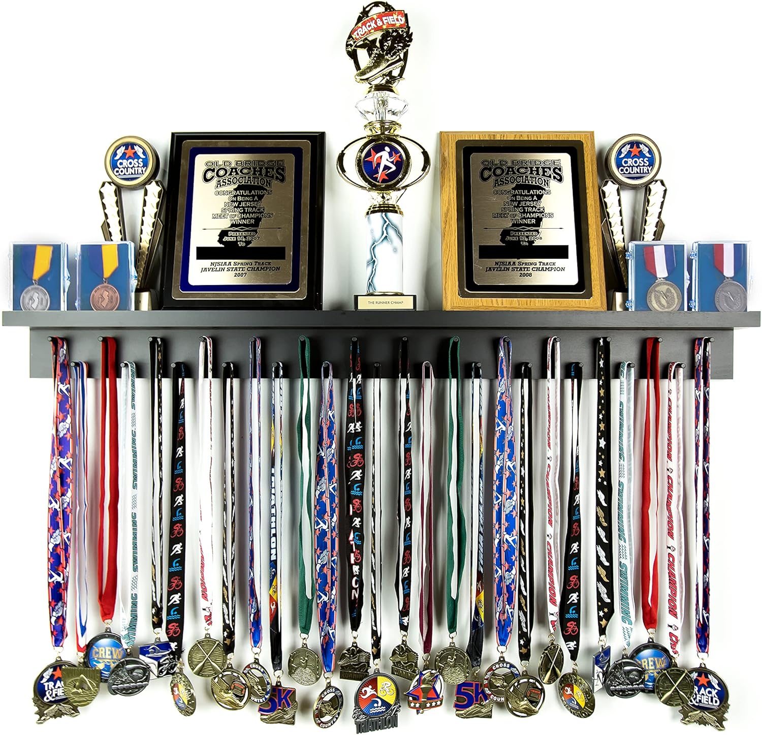 Medal Awards Rack Premier Medal Hanger Display Rack and Trophy Shelf for Gymnastics, Soccer, Basketball, Football, and More – White, 3 ft Pack of 2