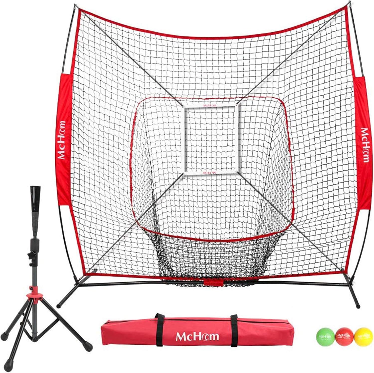 McHom 7' x 7' Baseball & Softball Practice Net Set with Travel Tee, 3 Weighted Balls & Strike Zone for Hitting, Pitching, Batting & Fielding Practice | Collapsible and Portable