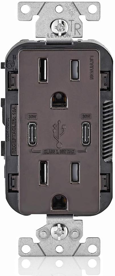 Leviton T5635-W USB Dual Type-C with Power Delivery (PD) In-Wall Charger with 15 Amp, 125 Volt Tamper-Resistant Outlet, White Pack of 2