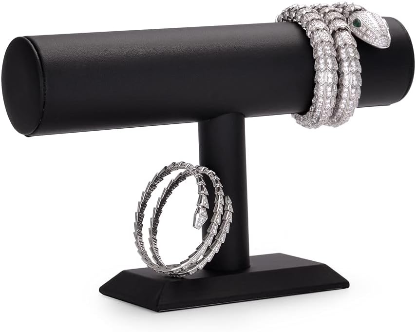 Woodten 2 Tiers Black PU Jewelry Display Stand Desktop Jewelry Organizer T-Bar Necklace Watch Stand for Home Organization