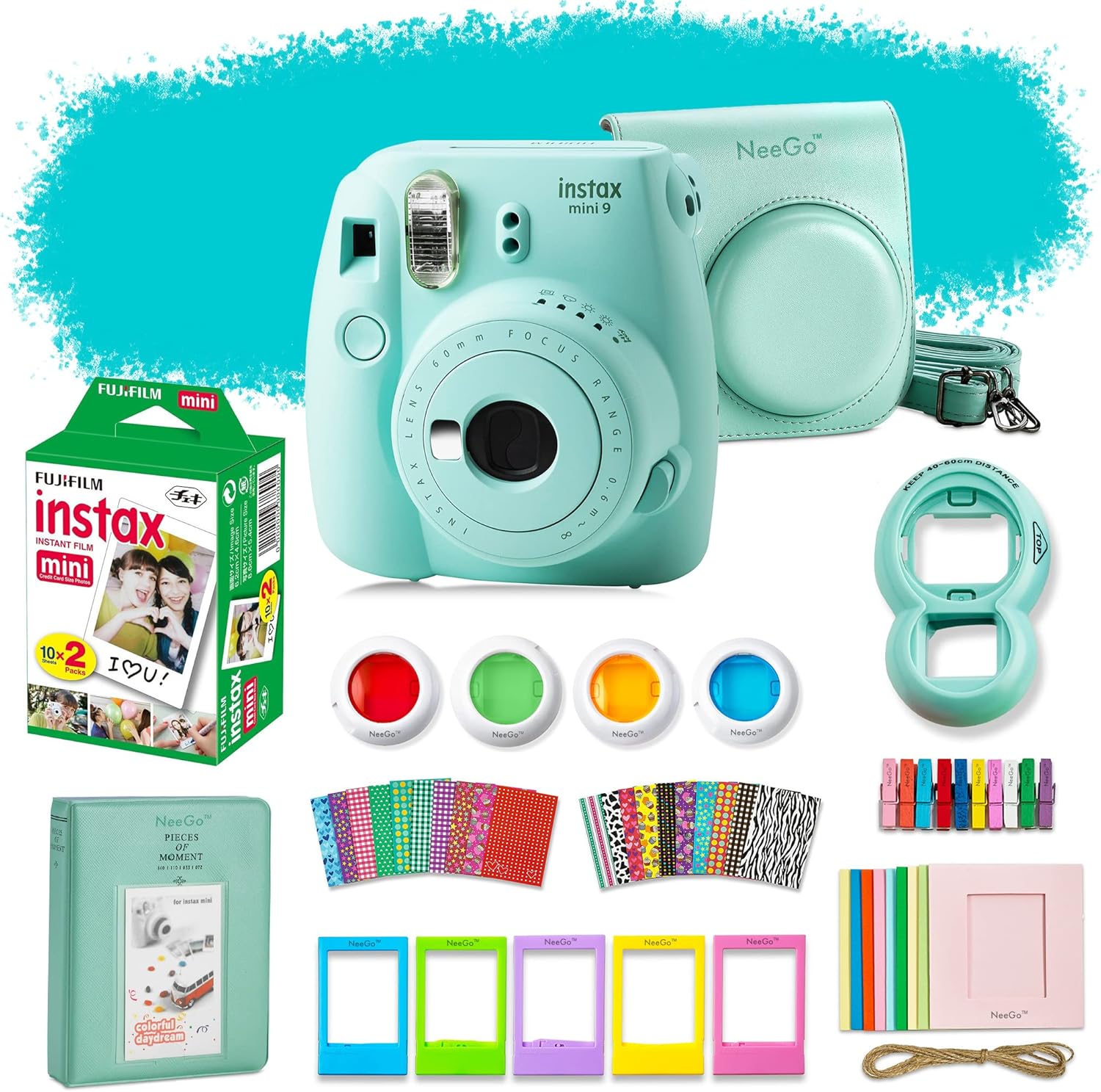 Fujifilm Instax Mini 9 Instant Camera Bundle-Deluxe Kit with NeeGo Case & Accessories 20 Exposures for Instant Creative Photos-Ice Blue