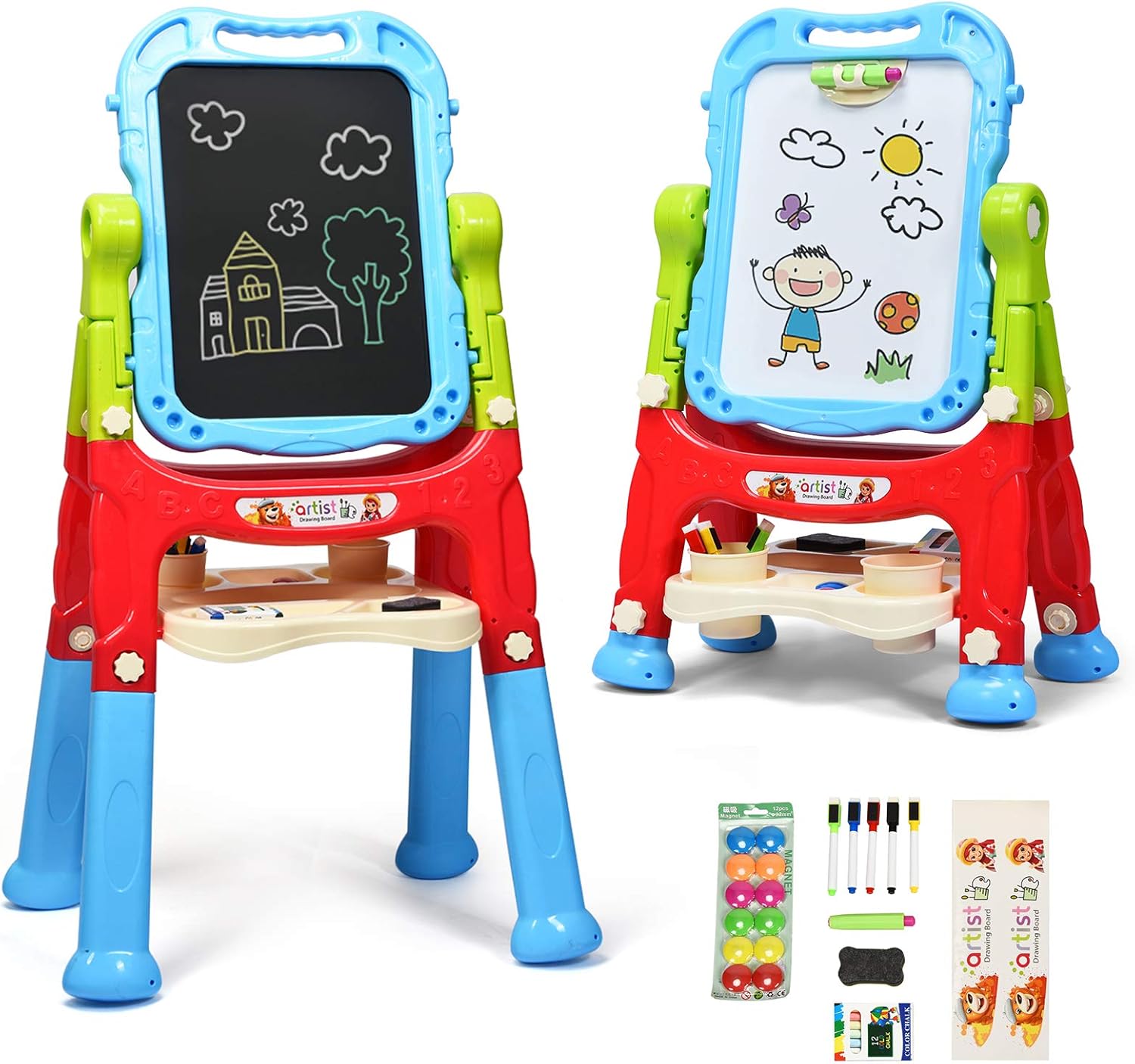 Costzon Art Easel for Kids, Height Adjustable 360° Rotate Double Sided Standing Art Drawing Board w/Chalkboard & Whiteboard, Portable Magnetic Drawing Set w/Art Accessories, Large Storage Tray (Pink) Pack of 2