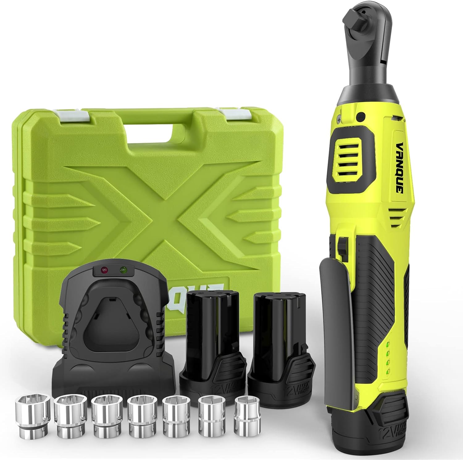 Cordless Ratchet Wrench 3/8 Inch, VANQUE Electric Ratchet Wrench 40 Ft-lbs 400 RPM 12V Electric Wrench Set w/ Variable Speed Trigger, 2-Pack 2.0Ah Li-Ion Batteries, 7 Sockets & 60-Min Fast Charger
