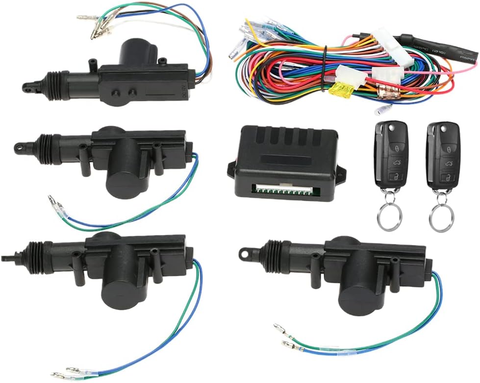 Universal Car Door Lock 4PCS,Geevorks 12V Door Lock Actuator Keyless Entry System with 2 Remote Controller (Remote 50-80m),Central Control Locking Kit with Trunk Release Button