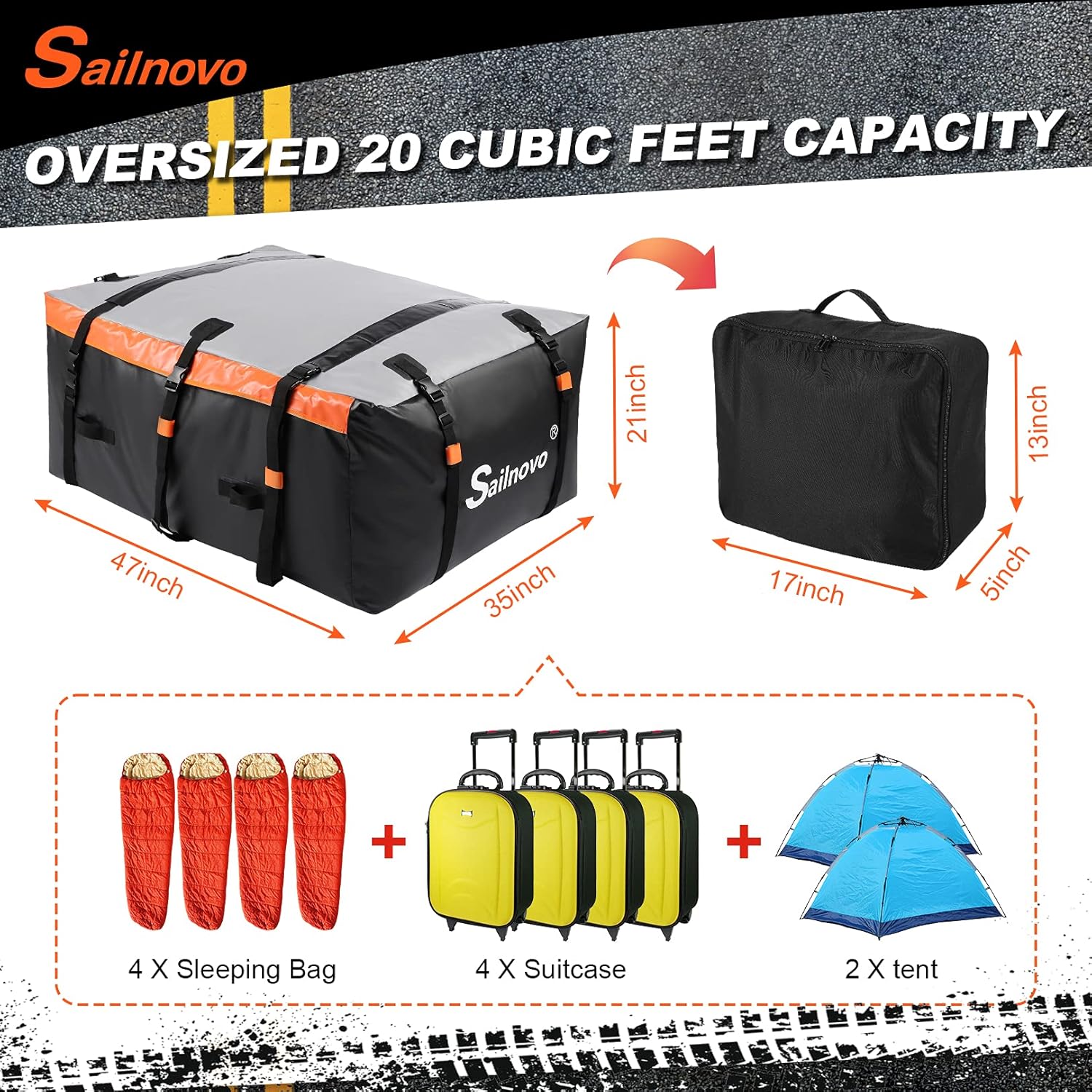 Car Roof Bag Cargo Carrier, 20 Cubic Feet Waterproof Vehicle Soft-Shell Cargo Carriers with 10 Reinforced Strap, 6 Door Hook, Rooftop Anti-Slip Mat, Storage Carrying Bag for All Car with/Without Rack