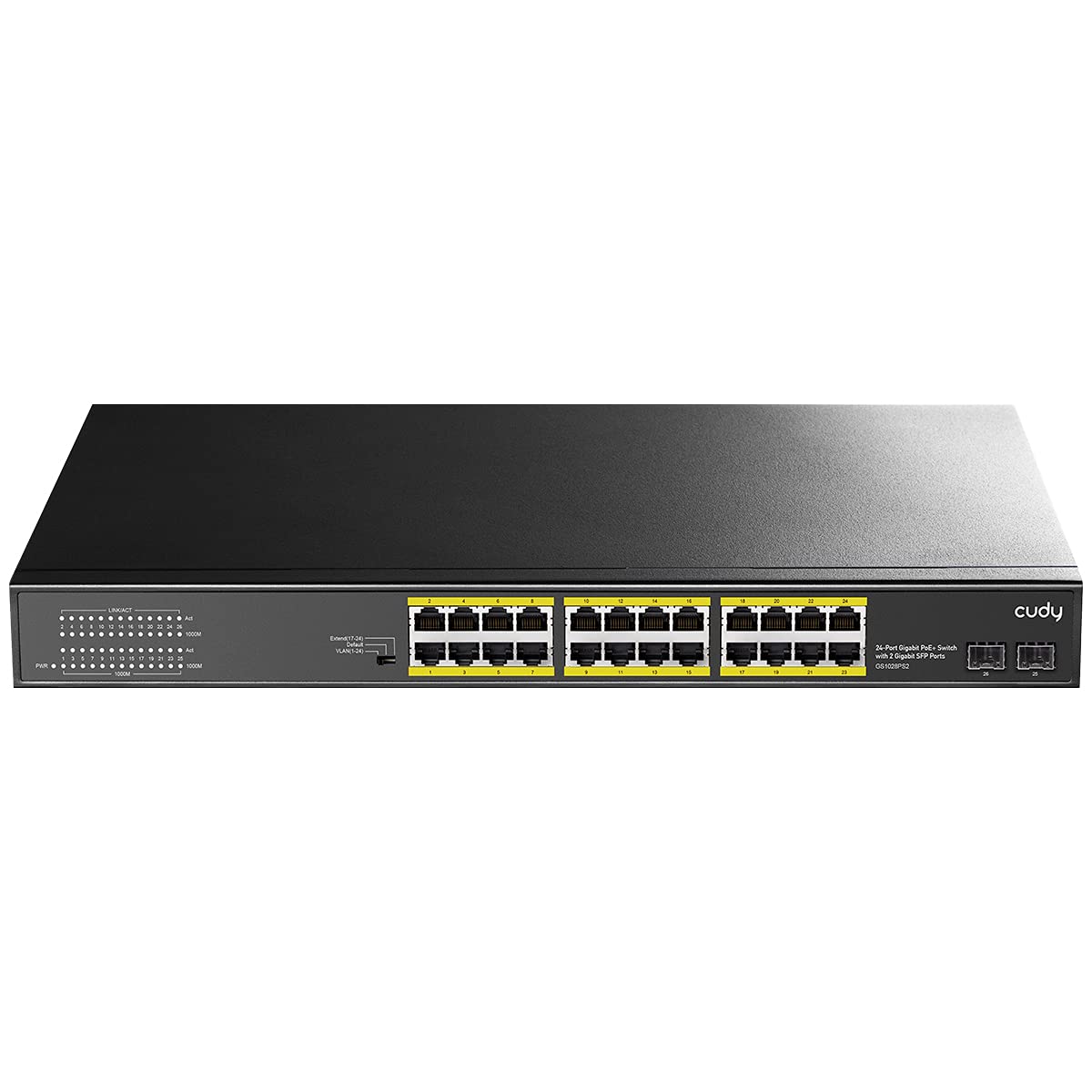 Cudy 24 Gigabit Ethernet Unmanaged PoE+ Switch, 300W, 24 100/1000Mbps PoE+ Ports, 2 Gigabit SFP, CCTV/VLAN Mode, 19-inch Rackmount, 802.3af/at, GS1028PS2