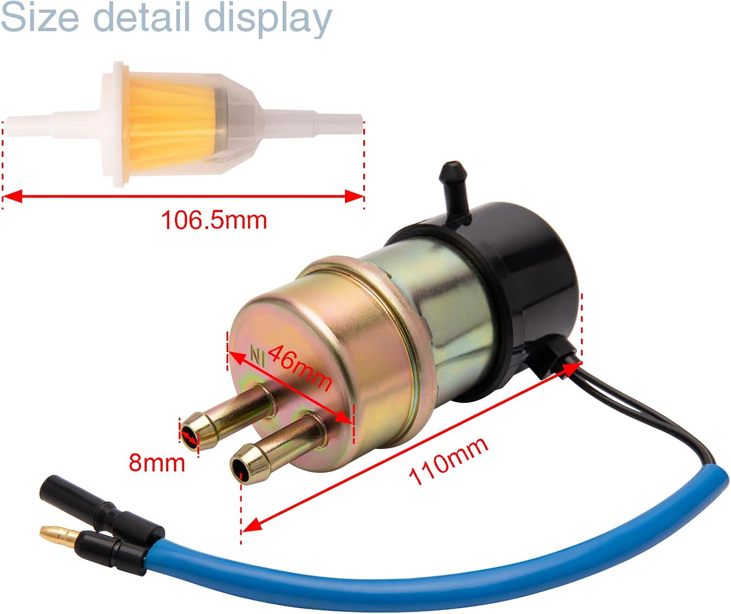Electric Fuel Pump 49040-1055 Replace for 12v Kawasaki Mule Fuel Pump KAF620 Compatible with Kawasaki Mule 2510 3010 3000 3020 2500 2520 1000 (8mm In/Outlet)