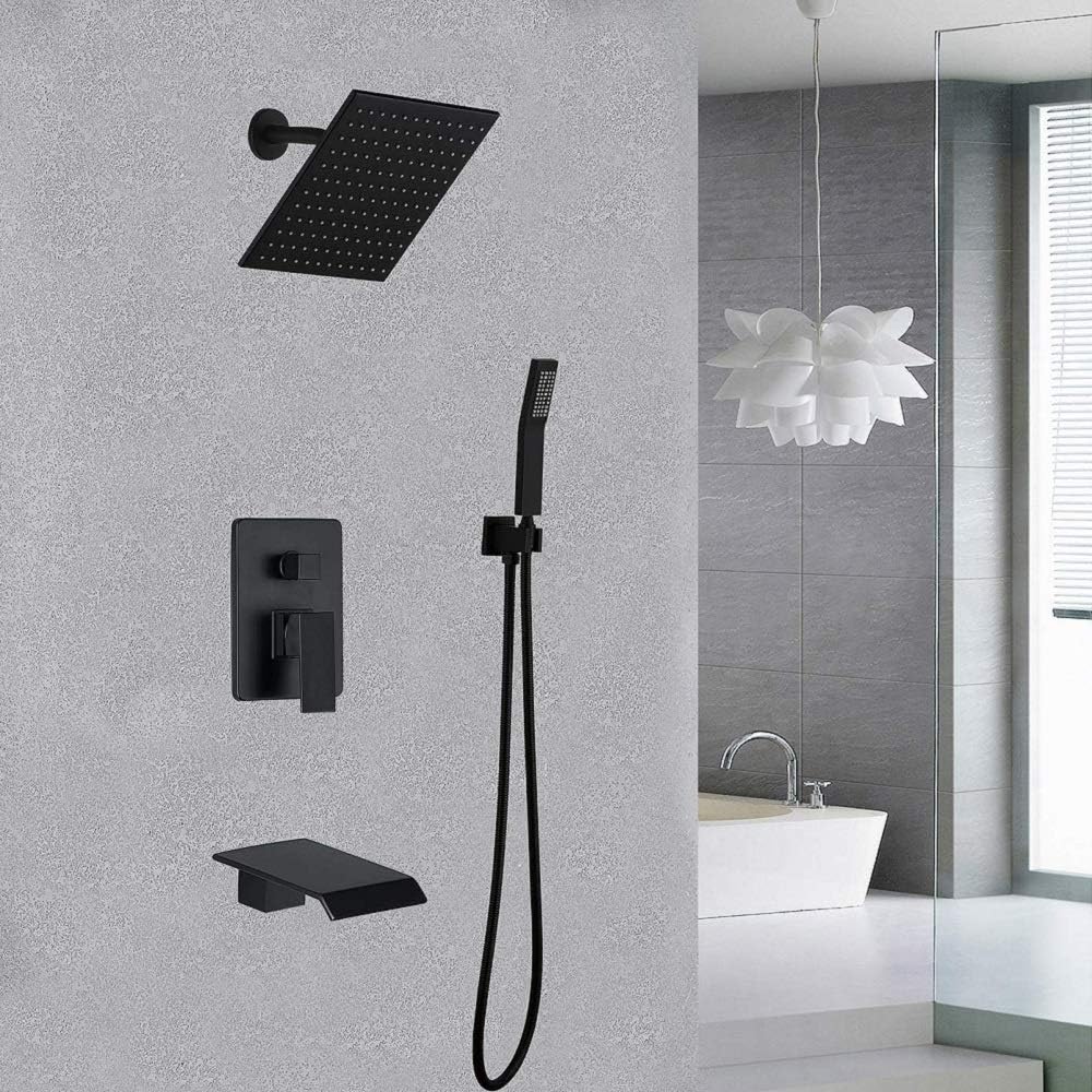 Shower System Matte Black Wall Mount Bathroom Shower Fixtures with 8 inch Rain Shower Head and Waterfall Tub Spout Bathtub Faucet