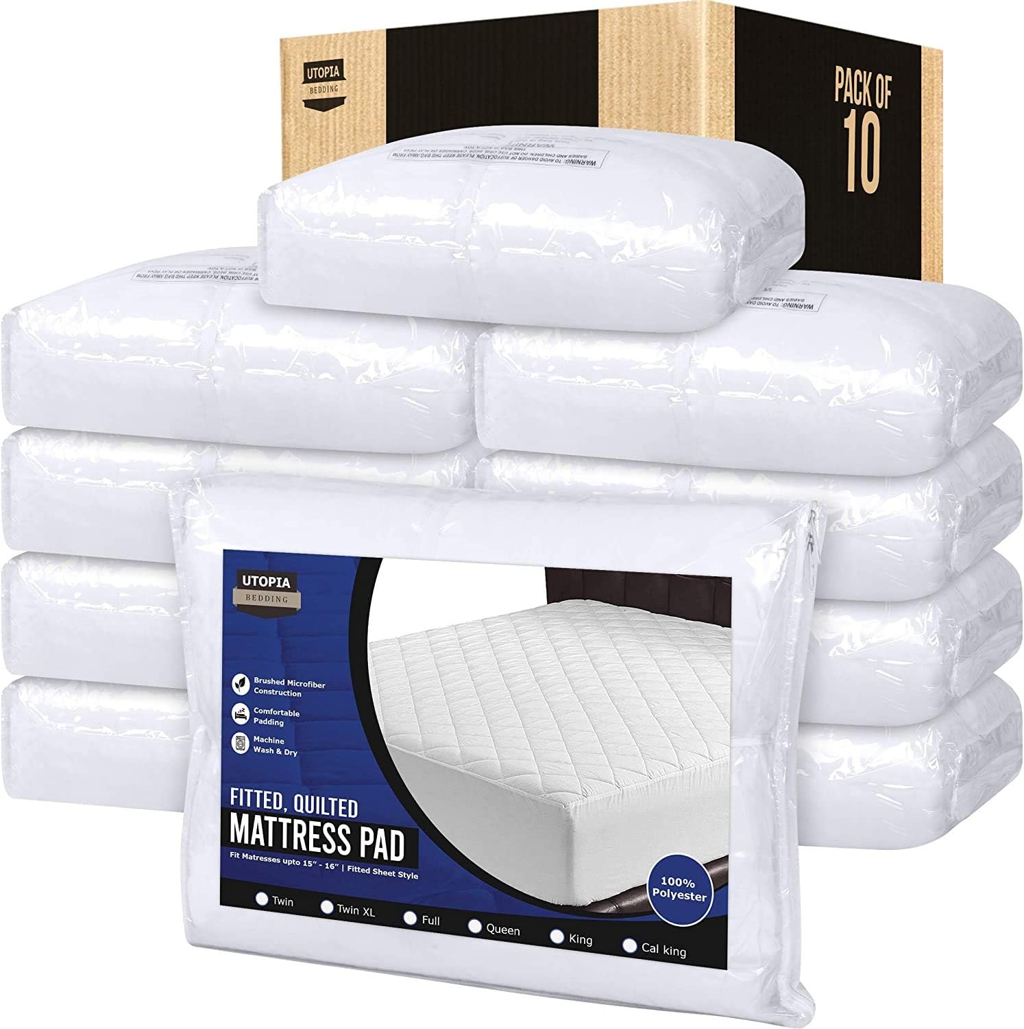 Utopia Bedding Quilted Fitted Mattress Pad - Elastic Fitted Mattress Protector - Mattress Cover Stretches up to 16 Inches Deep - Machine Washable Mattress Topper (Bulk Pack of 10, Full)