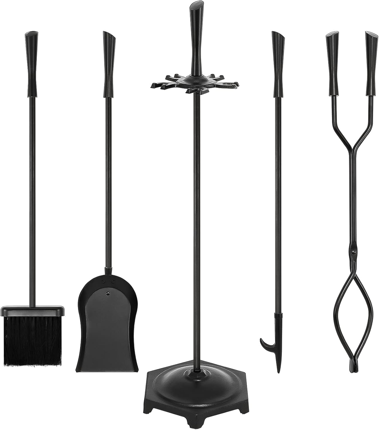 FEED GARDEN 5 pcs Fireplace Tools Set,Modern Outdoor Wrought Iron Fireplace Accessries Set with Poker, Tong, Shovel, Brush, Base, Black